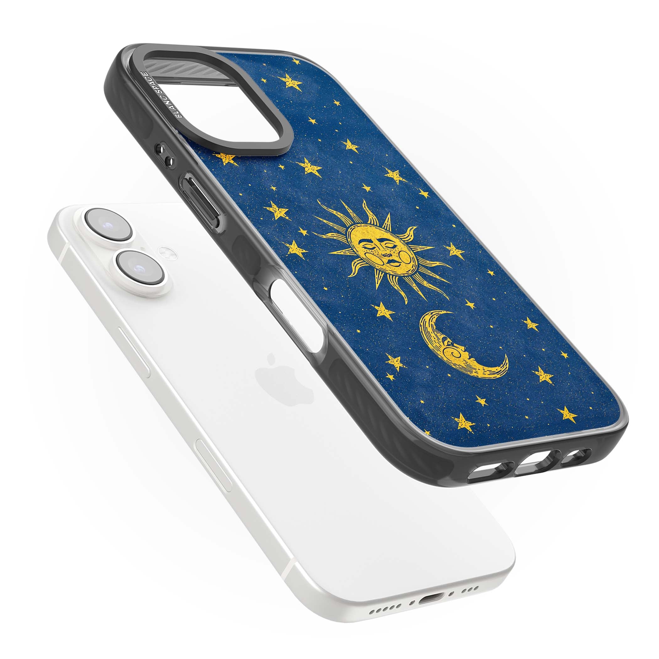 Sun & Moon Reverie celestial iPhone case featuring a vintage golden sun, crescent moon and scattered stars on midnight blue | Black Impact case for iPhone 16, iPhone 16 Plus