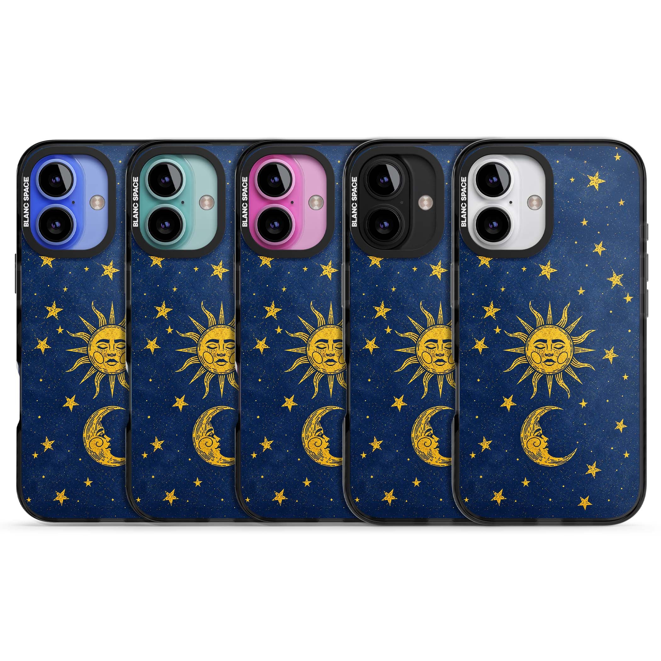 Sun & Moon Reverie celestial iPhone case featuring a vintage golden sun, crescent moon and scattered stars on midnight blue | Black Impact case for iPhone 16, iPhone 16 Plus