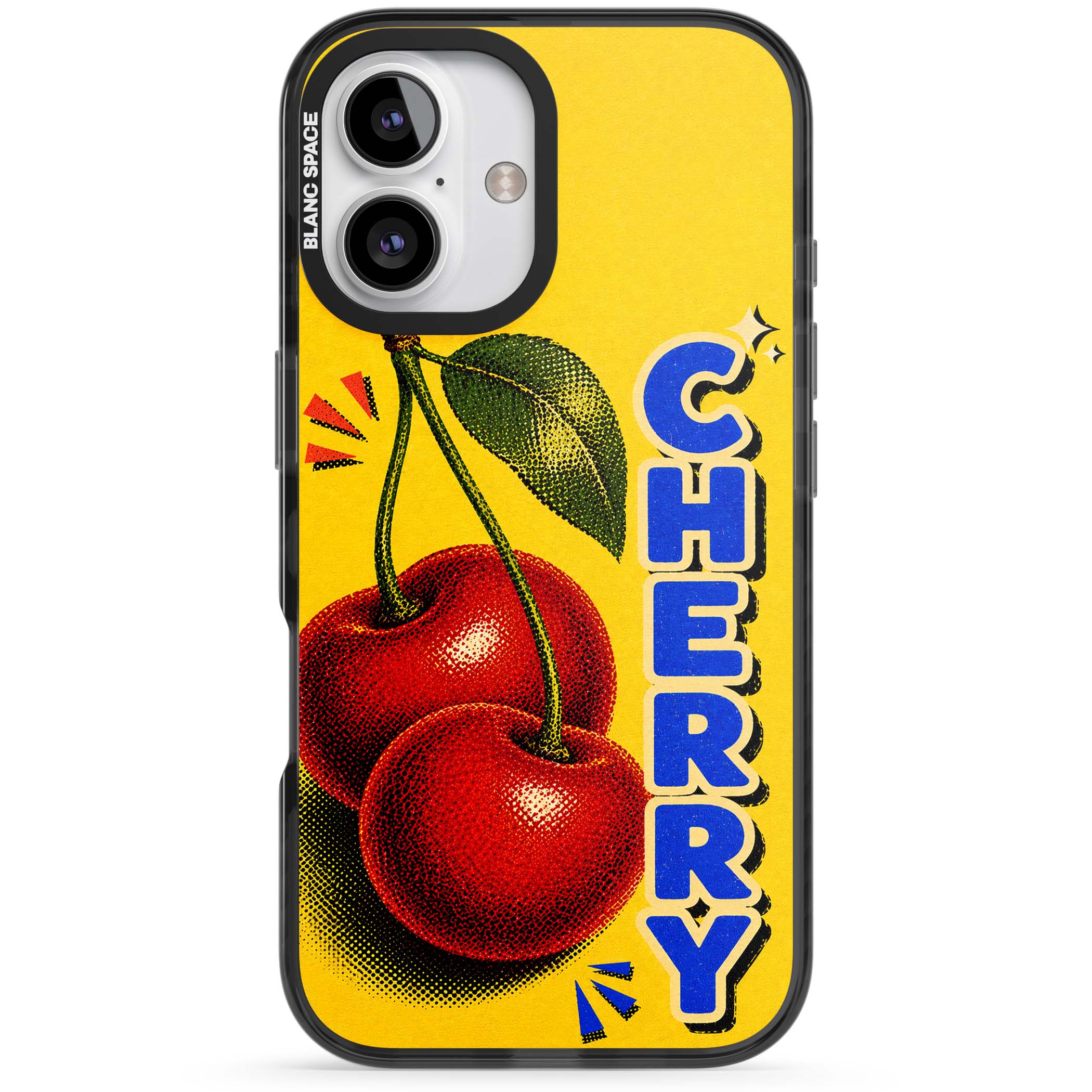 Cherry Yellow y2k iPhone case featuring two red cherries, halftone shading and bold blue CHERRY lettering on yellow | Black Impact case for iPhone 16, iPhone 16 Plus
