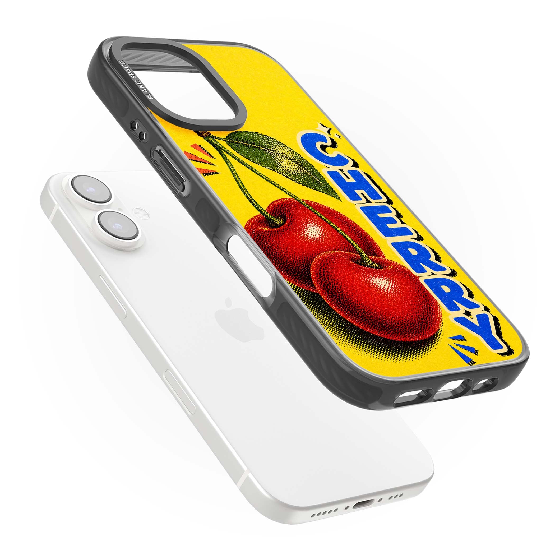 Cherry Yellow y2k iPhone case featuring two red cherries, halftone shading and bold blue CHERRY lettering on yellow | Black Impact case for iPhone 16, iPhone 16 Plus
