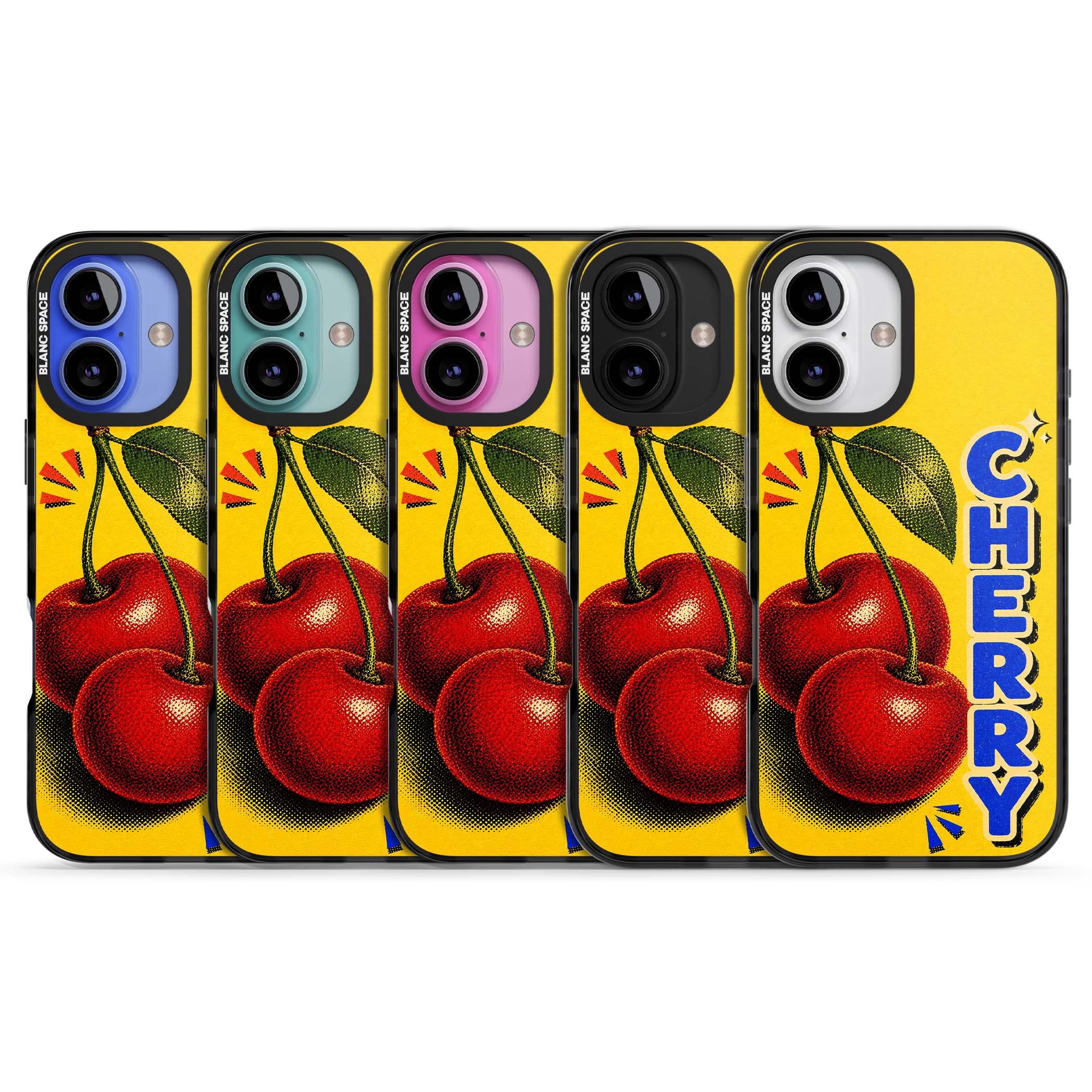 Cherry Yellow y2k iPhone case featuring two red cherries, halftone shading and bold blue CHERRY lettering on yellow | Black Impact case for iPhone 16, iPhone 16 Plus