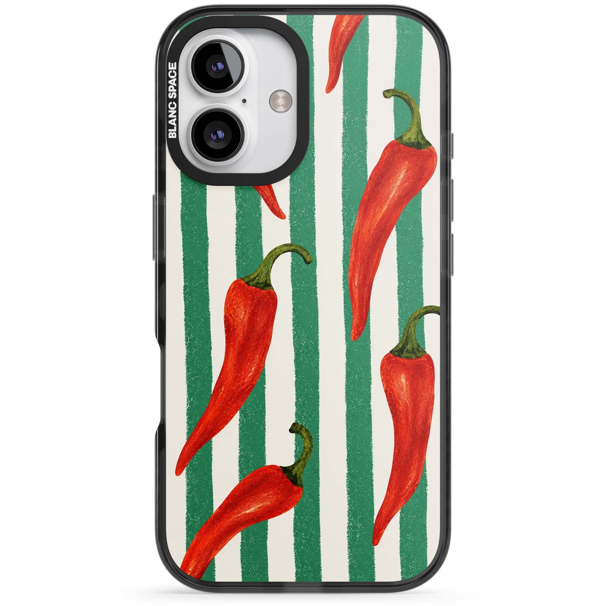 Striped Chillis coastal iPhone case featuring hand-painted red chili peppers on green and cream stripes | Black Impact case for iPhone 16, iPhone 16 Plus