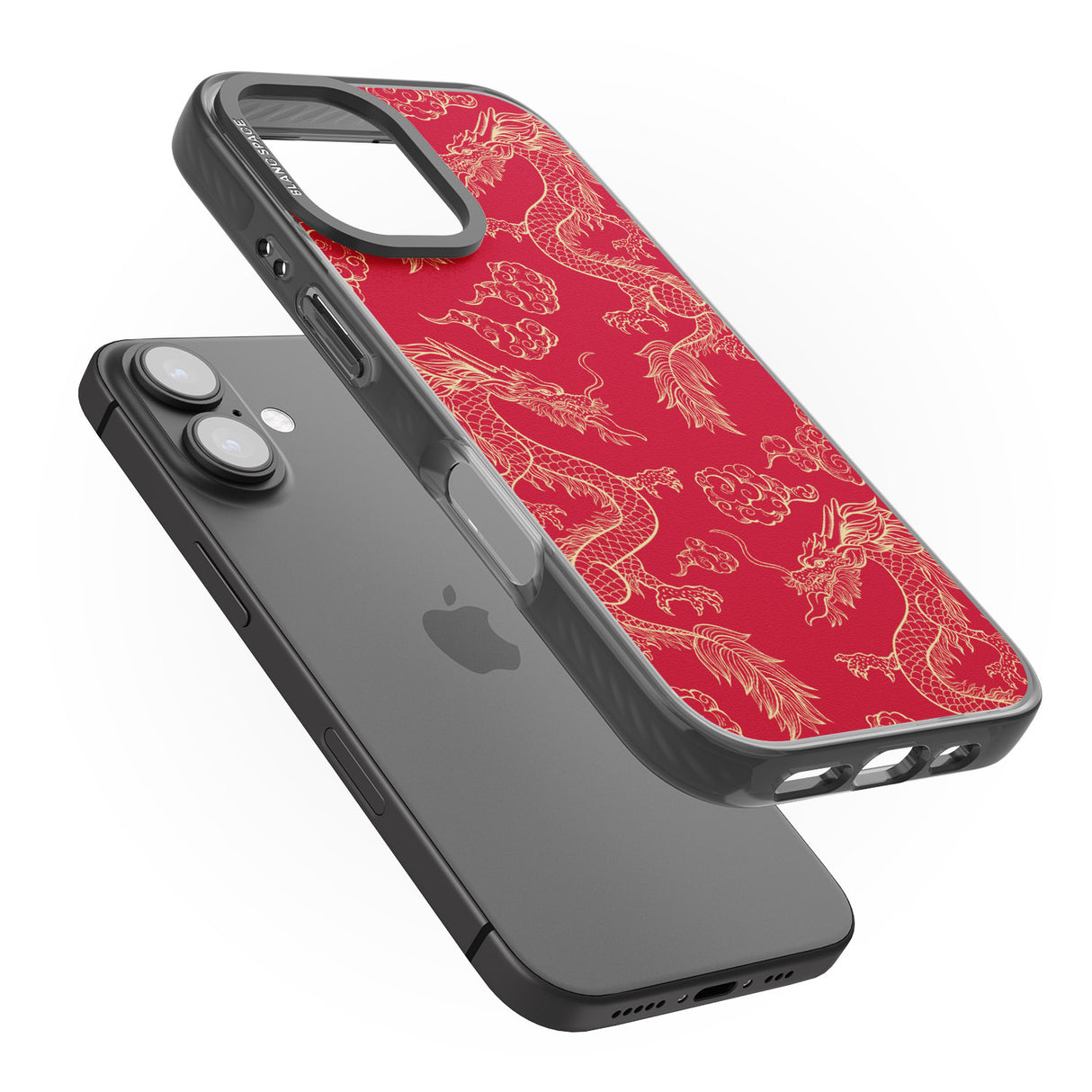 iPhone 16 Pro Max Red and Gold Dragon Pattern Black Impact Phone Case