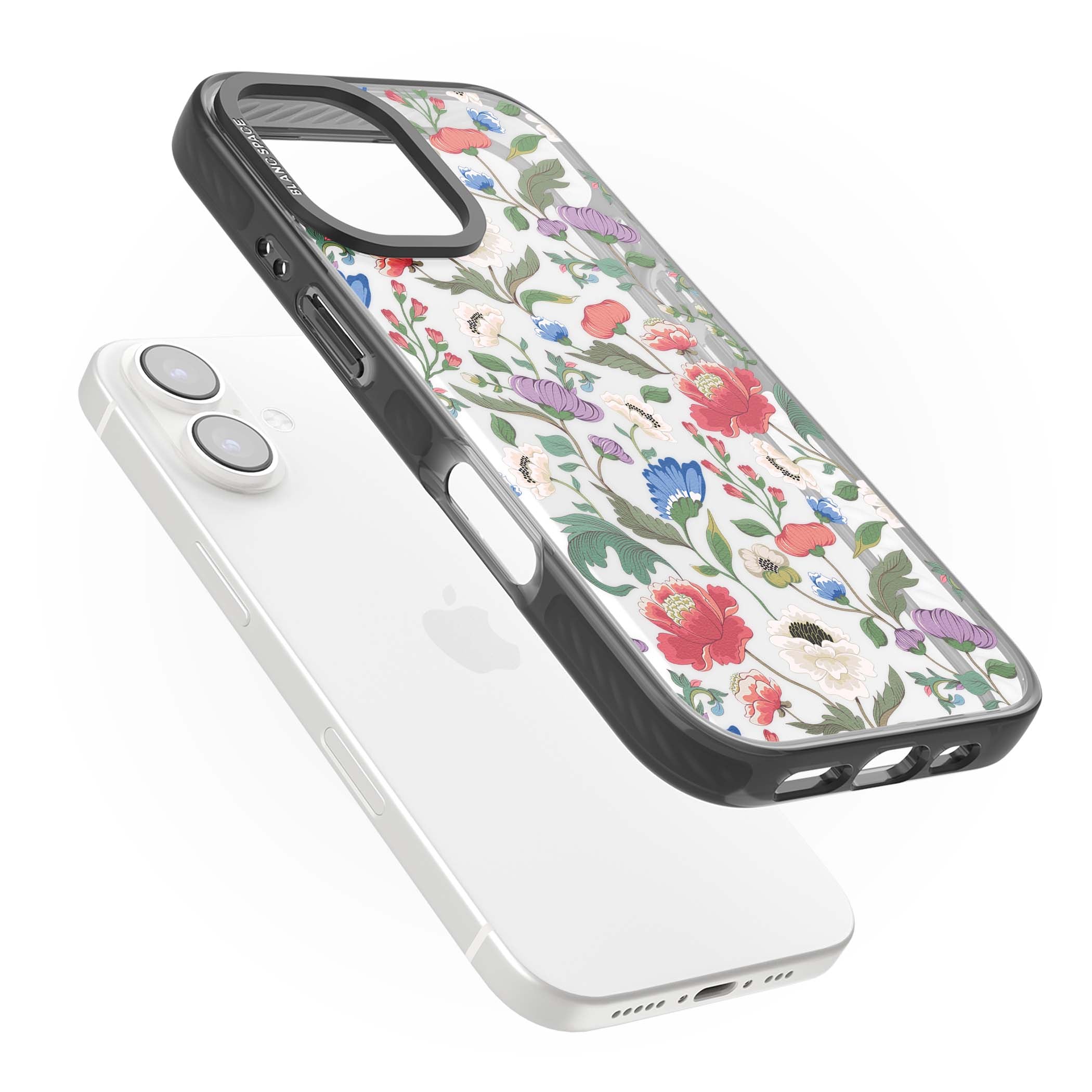 Chinoiserie Bloom vintage floral iPhone case featuring hand-painted peonies, poppies and trailing wildflowers on clear... | Black Impact case for iPhone 16, iPhone 16 Plus