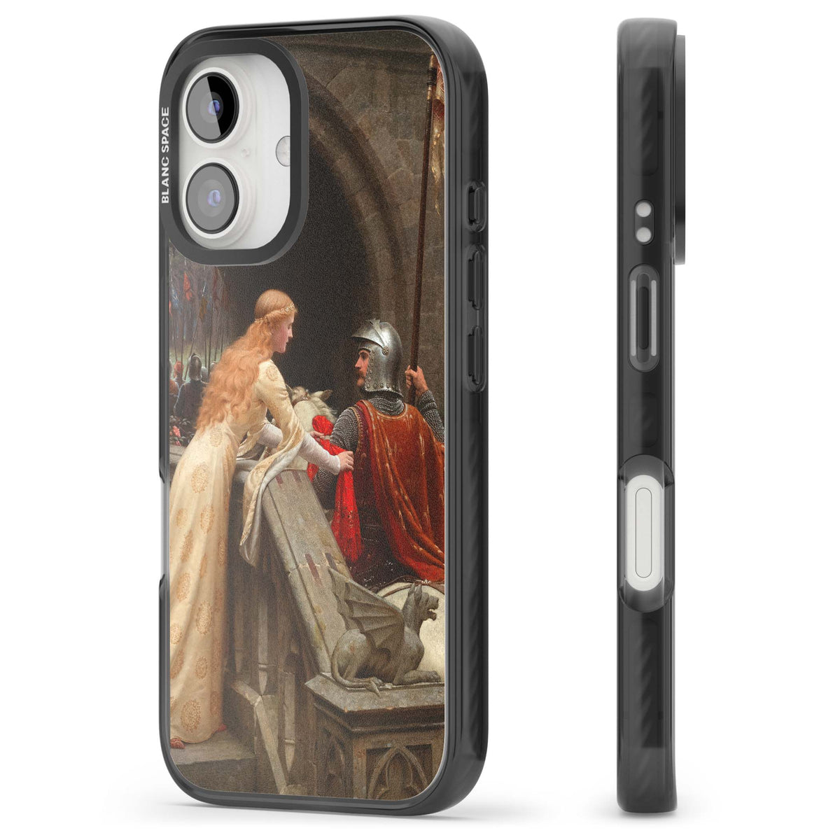 God Speed fine art iPhone case featuring Edmund Blair Leighton's medieval knight and lady beneath a stone archway | Black Impact case for iPhone 16, iPhone 16 Plus