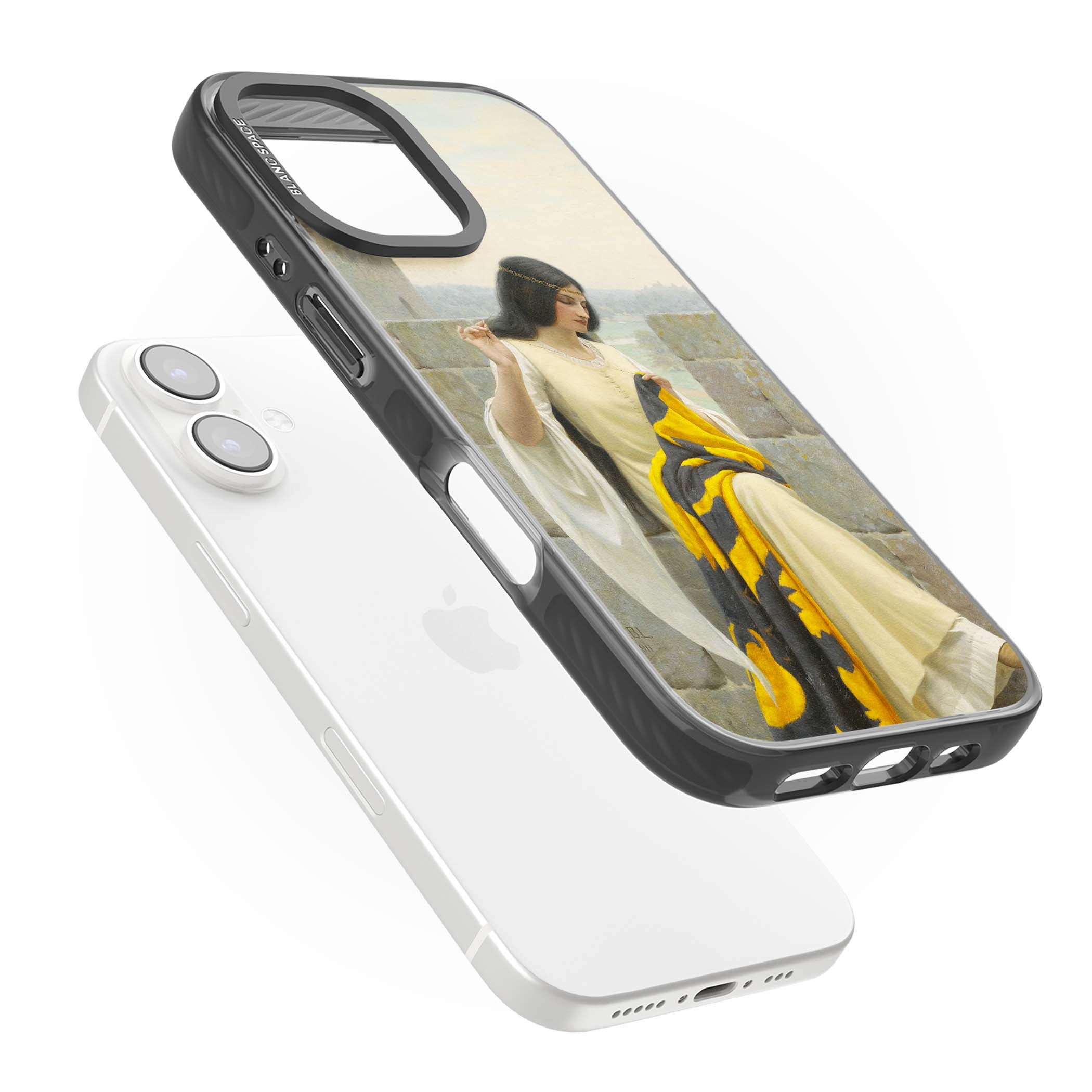 Stitching the Standard renaissance art iPhone case featuring a medieval lady sewing a golden banner on a castle wall | Black Impact case for iPhone 16, iPhone 16 Plus