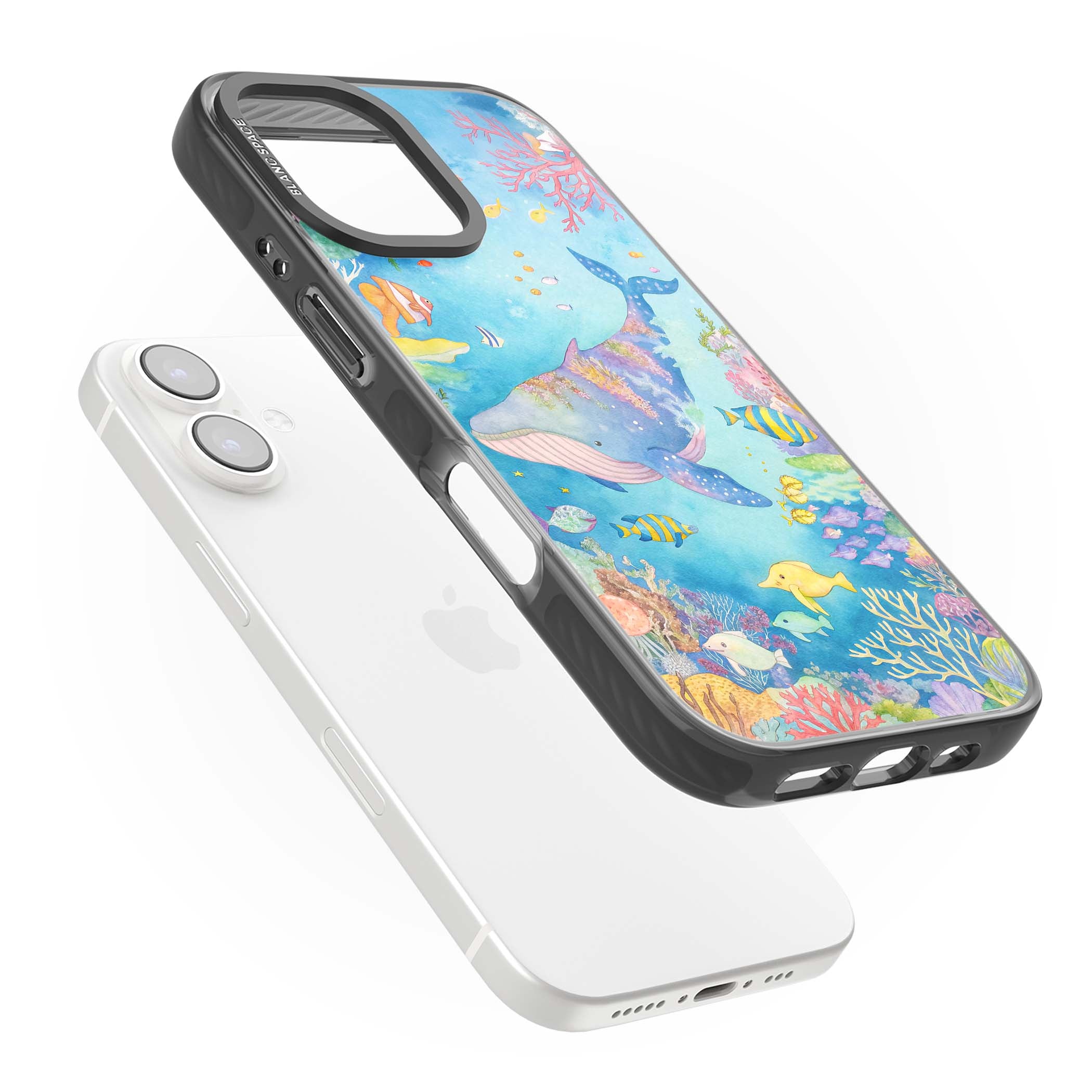 Coral Lagoon ocean iPhone case featuring a watercolour whale, coral reef and tropical fish | Black Impact case for iPhone 16, iPhone 16 Plus