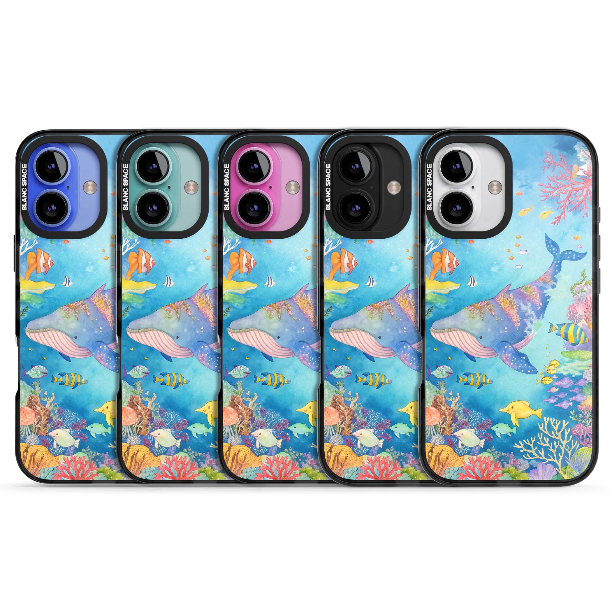 Coral Lagoon ocean iPhone case featuring a watercolour whale, coral reef and tropical fish | Black Impact case for iPhone 16, iPhone 16 Plus