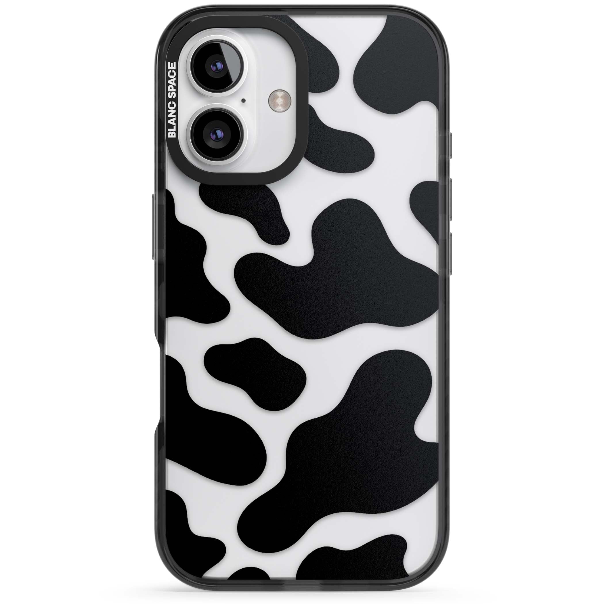 Clear Cow Print cow print iPhone case featuring black and white cow pattern splotches on a clear background | Black Impact case for iPhone 16, iPhone 16 Plus
