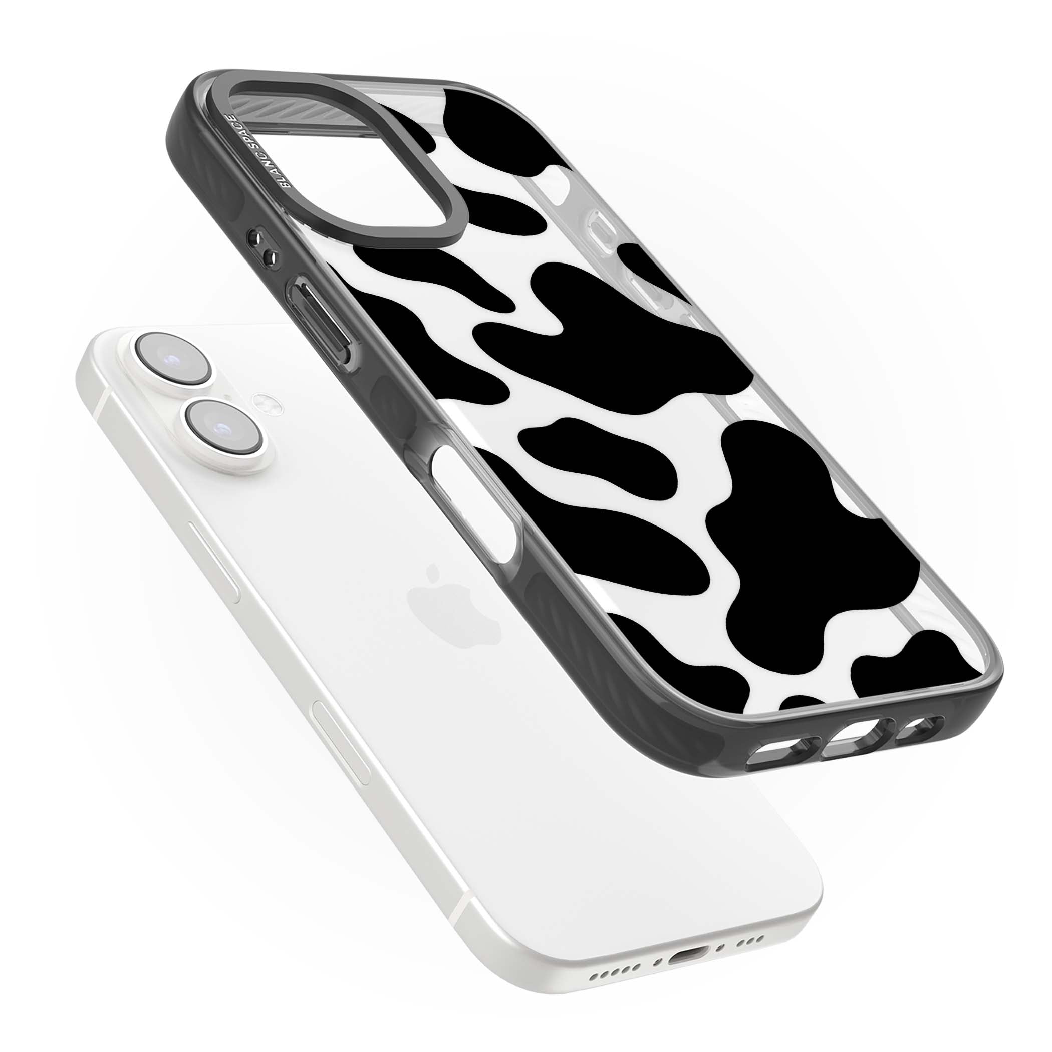Clear Cow Print cow print iPhone case featuring black and white cow pattern splotches on a clear background | Black Impact case for iPhone 16, iPhone 16 Plus