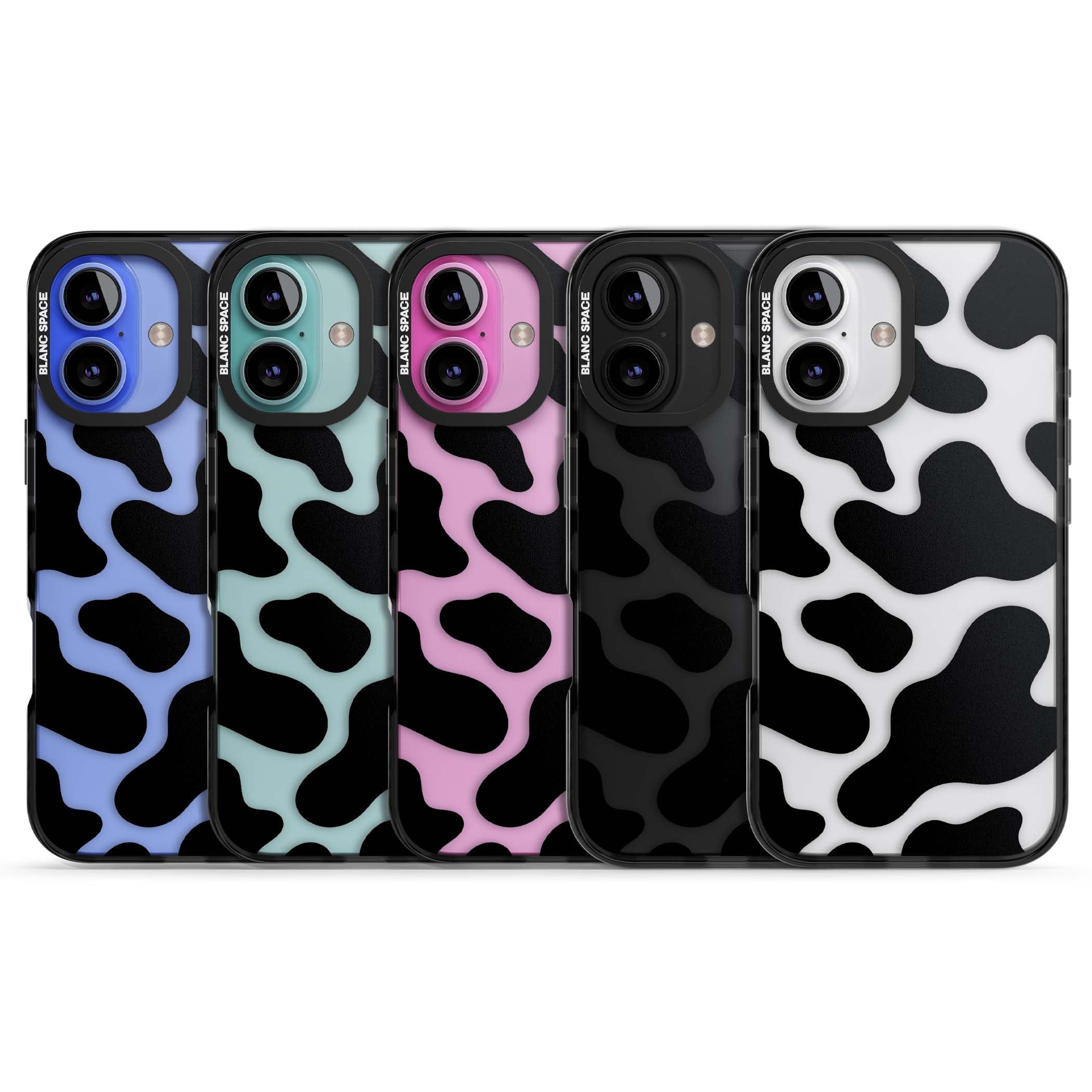 Clear Cow Print cow print iPhone case featuring black and white cow pattern splotches on a clear background | Black Impact case for iPhone 16, iPhone 16 Plus