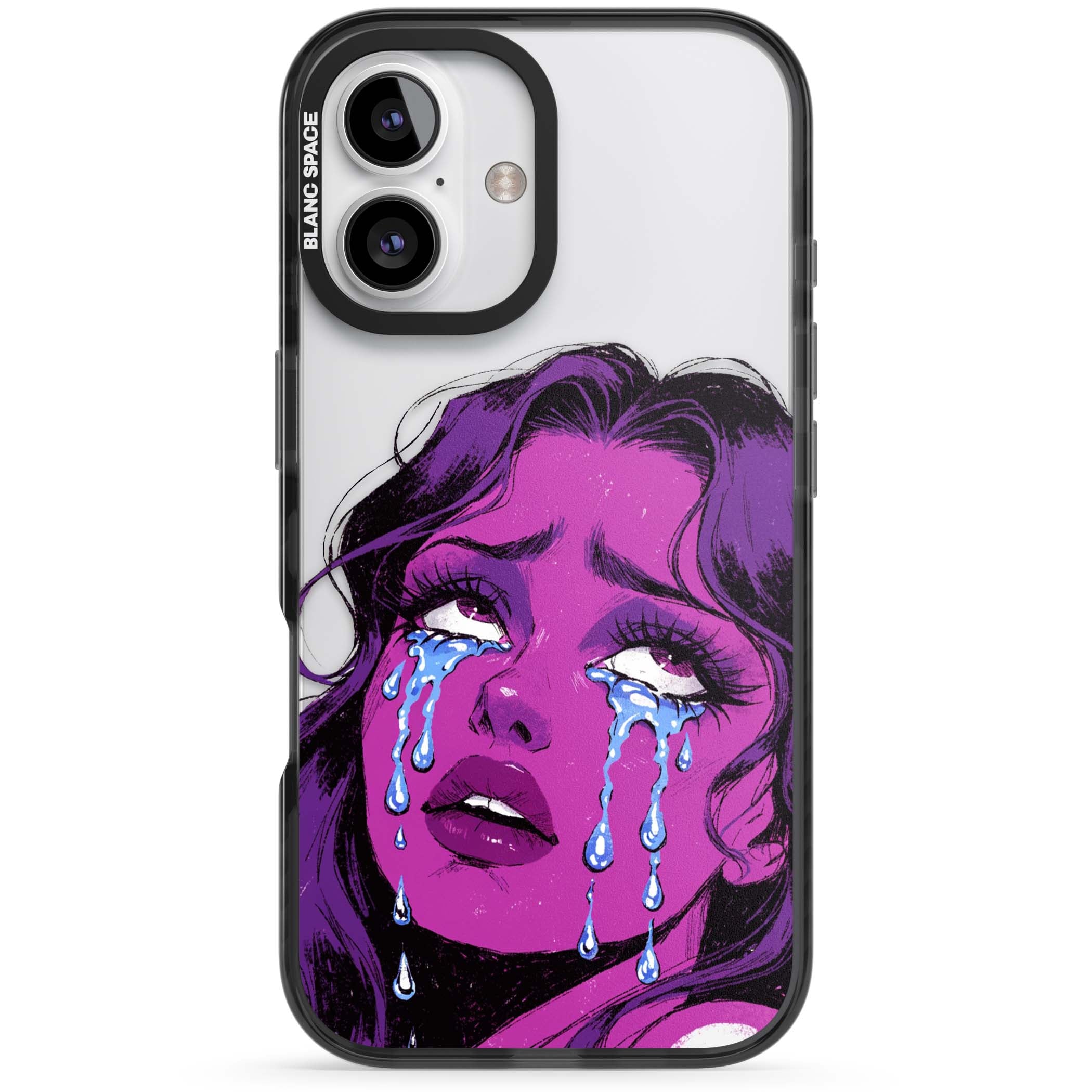 Drama Queen pop art iPhone case featuring a purple crying comic girl with blue tears | Black Impact case for iPhone 16, iPhone 16 Plus