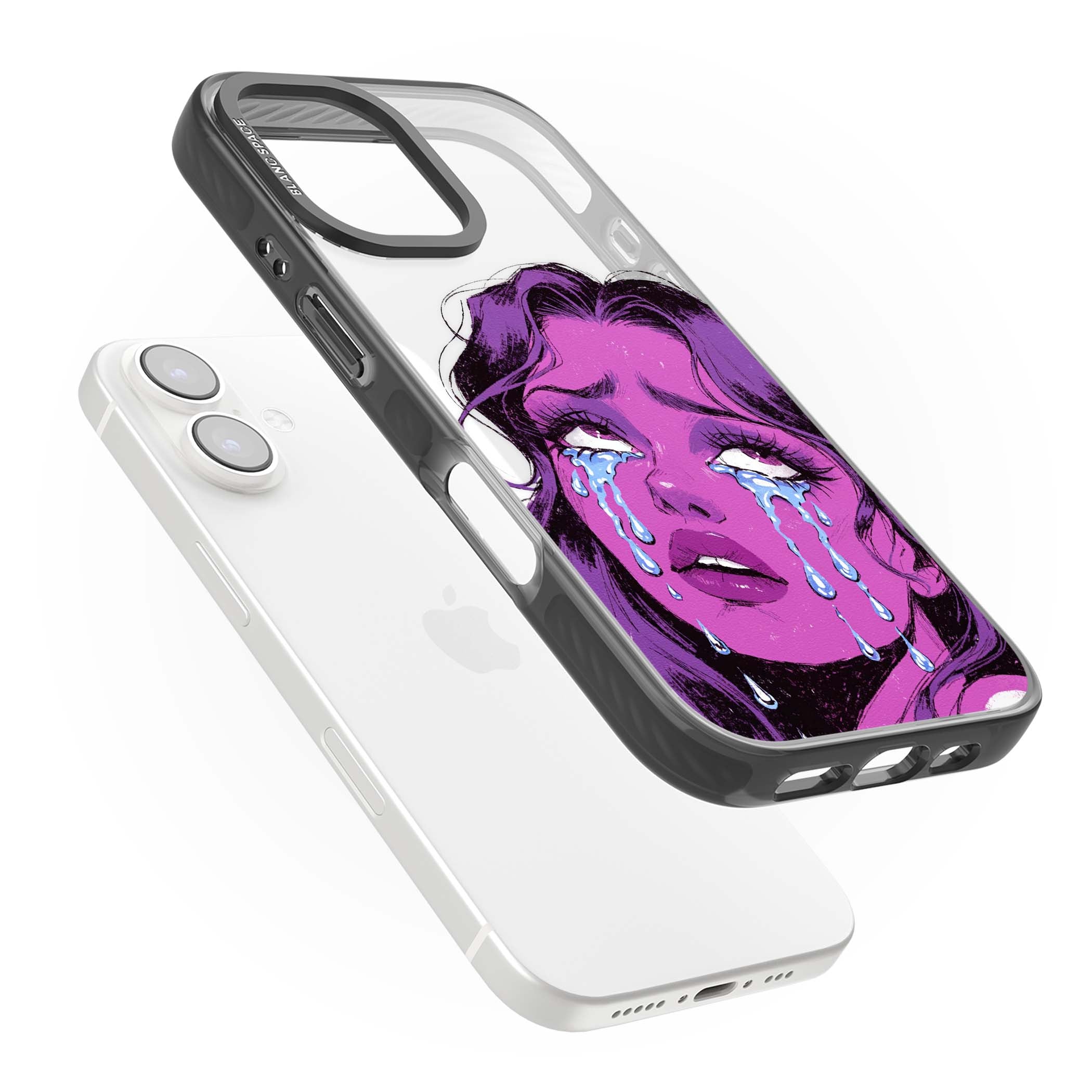 Drama Queen pop art iPhone case featuring a purple crying comic girl with blue tears | Black Impact case for iPhone 16, iPhone 16 Plus