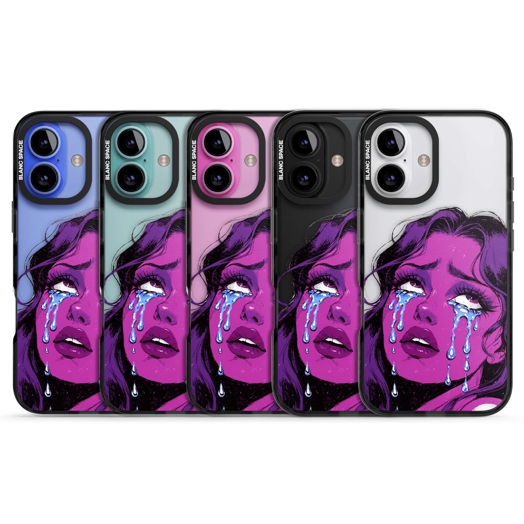 Drama Queen pop art iPhone case featuring a purple crying comic girl with blue tears | Black Impact case for iPhone 16, iPhone 16 Plus