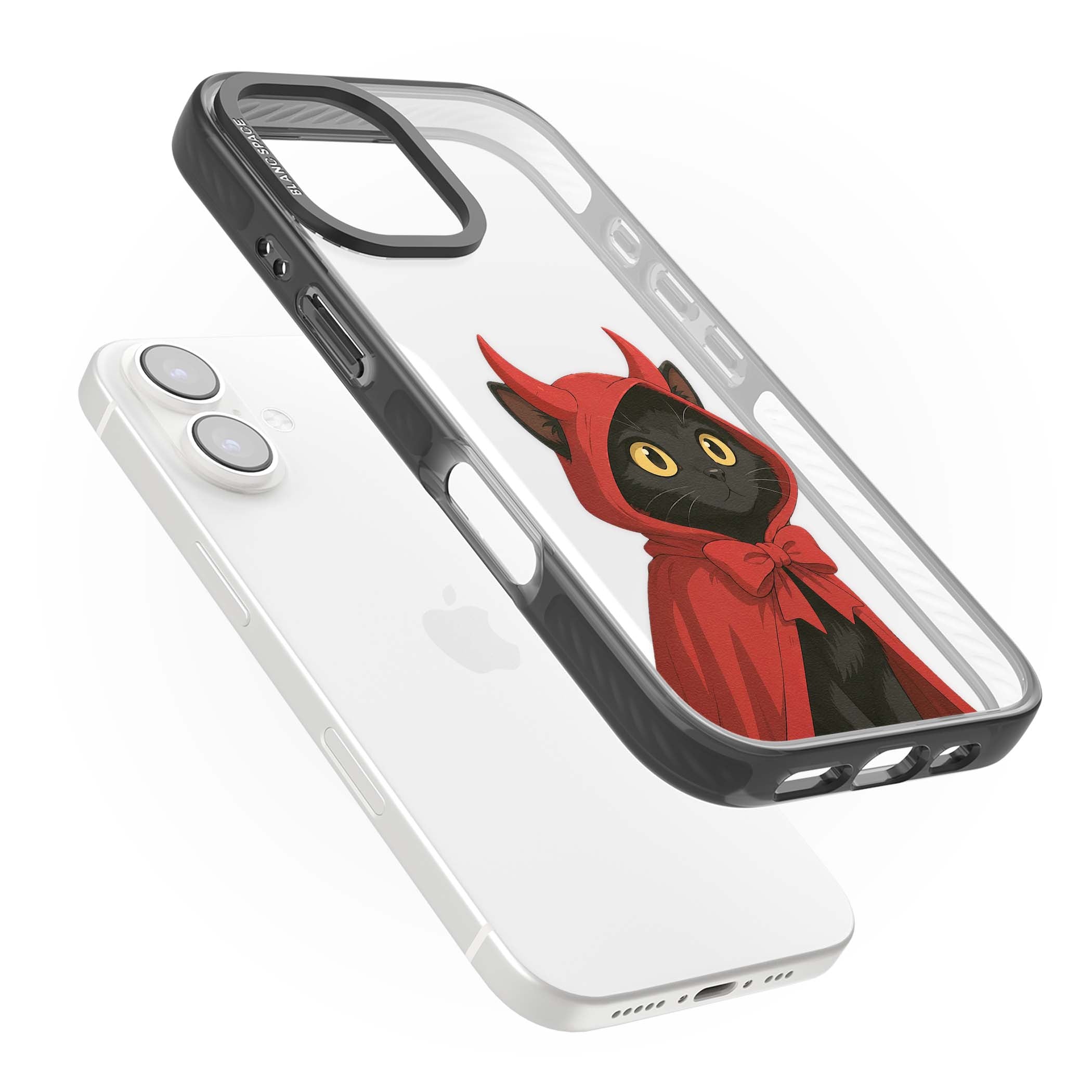 Little Devil halloween iPhone case featuring a black cat in a red hooded devil cloak with horns and golden eyes | Black Impact case for iPhone 16, iPhone 16 Plus