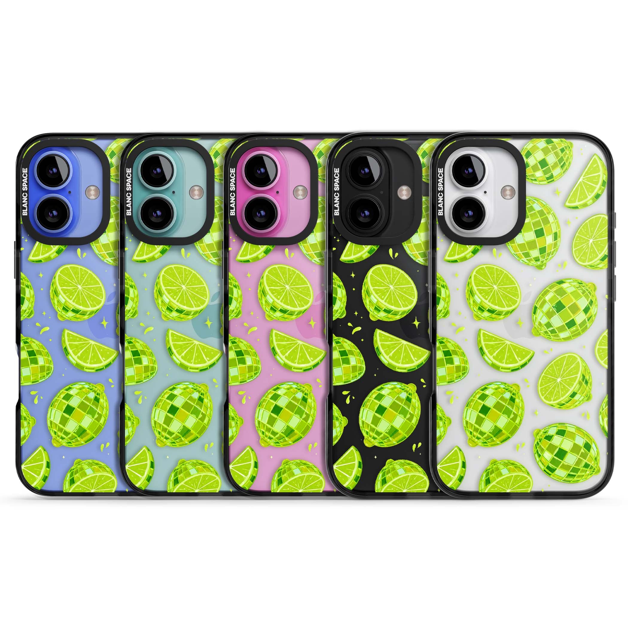 Disco Limes fruit aesthetic iPhone case featuring green disco balls, lime slices and citrus sparkles | Black Impact case for iPhone 16, iPhone 16 Plus