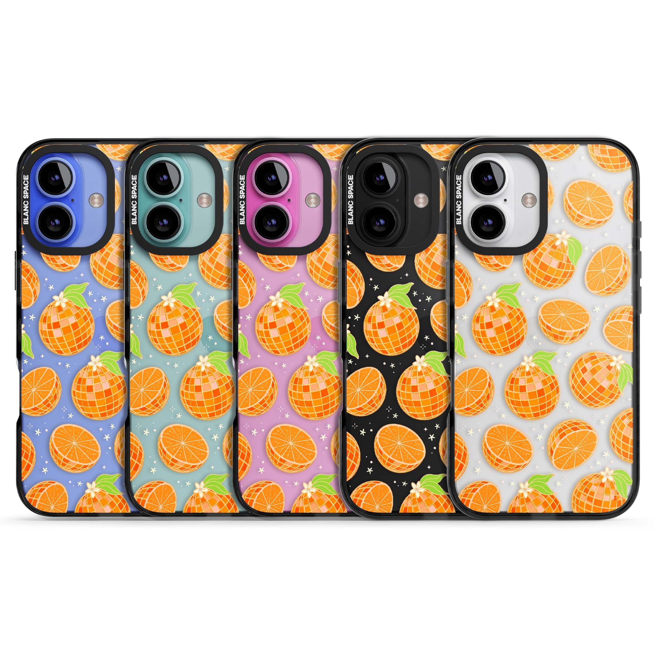 Disco Oranges retro iPhone case featuring mirrorball oranges, citrus slices and tiny blossoms on clear | Black Impact case for iPhone 16, iPhone 16 Plus