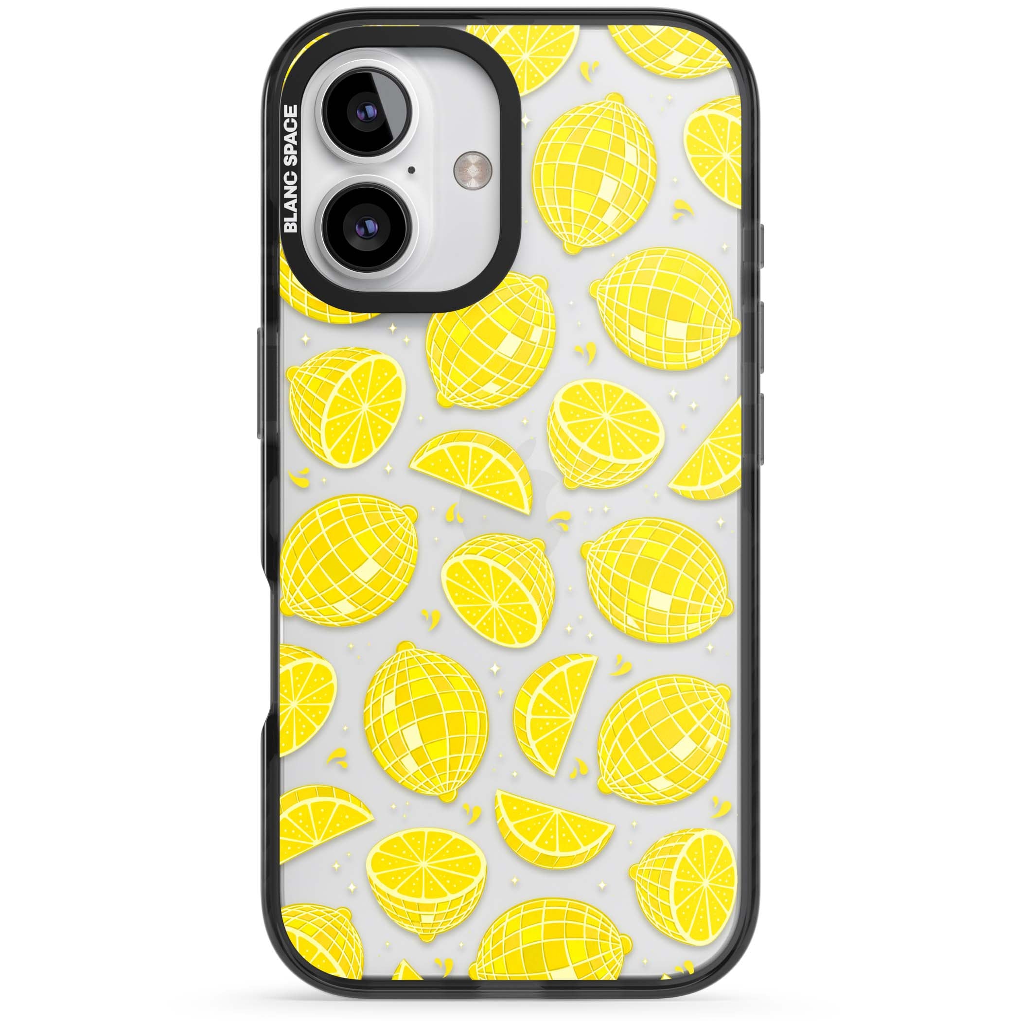 Disco Lemons citrus iPhone case featuring mirrorball lemons, sliced fruit and sparkle accents | Black Impact case for iPhone 16, iPhone 16 Plus