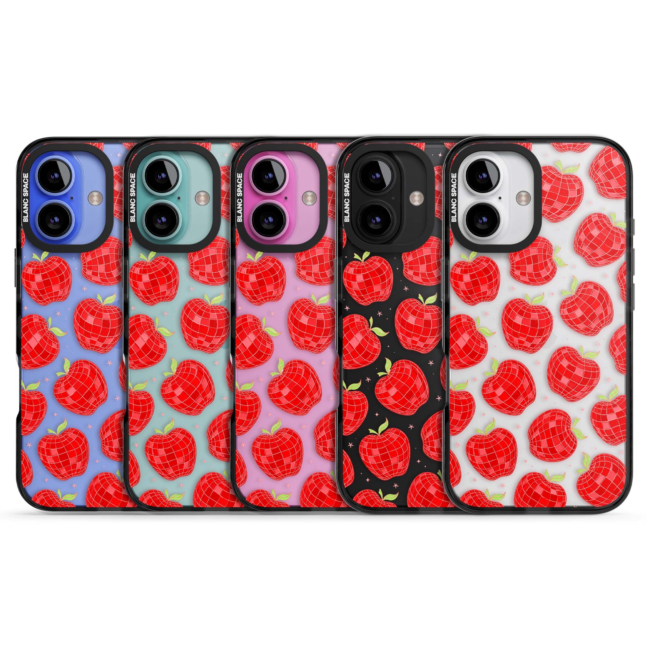 Disco Apples Y2K iPhone case featuring red disco ball apples, green leaves and pink sparkles on clear | Black Impact case for iPhone 16, iPhone 16 Plus