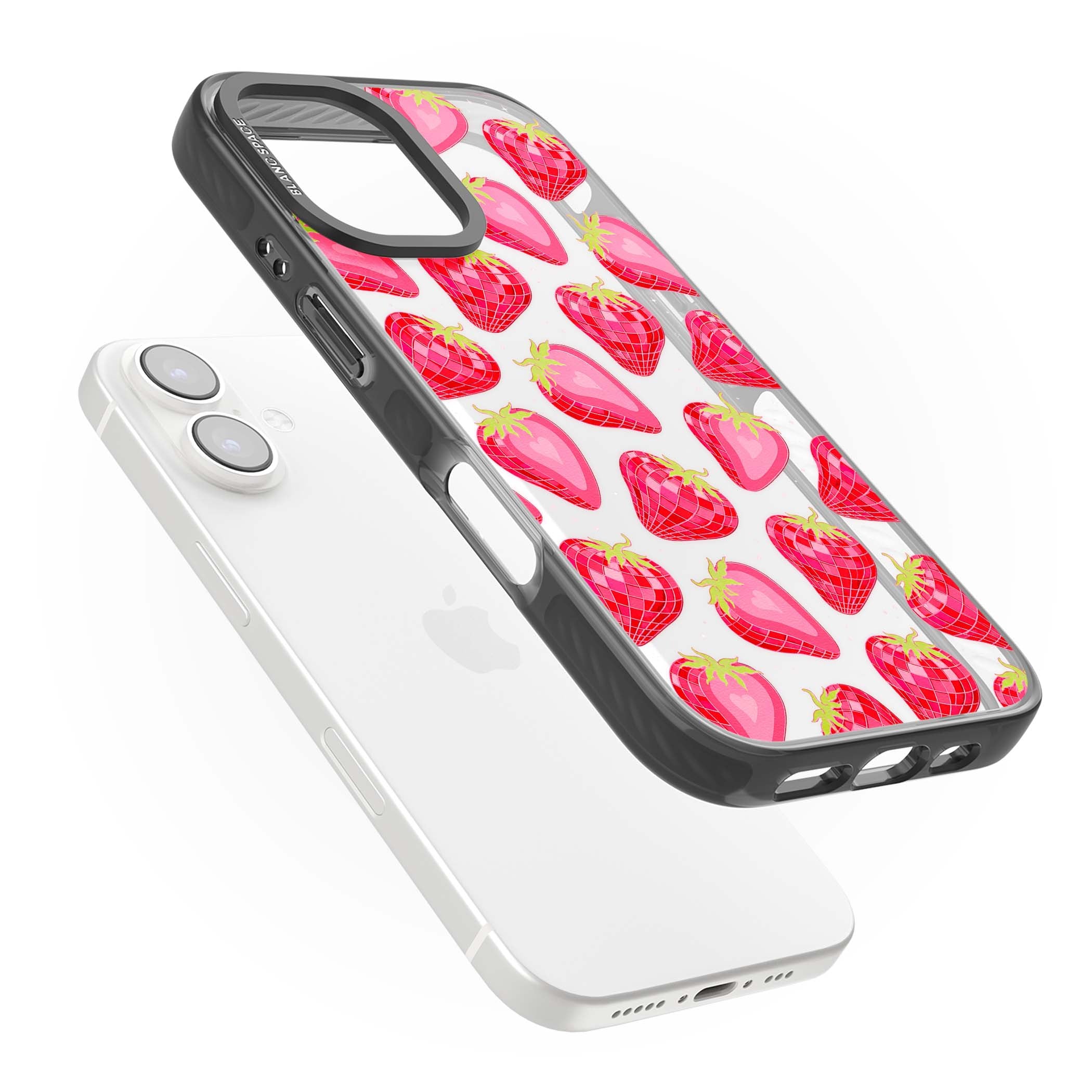 Disco Strawberry Y2K iPhone case featuring pink disco-ball strawberries, green leaves and tiny sparkles | Black Impact case for iPhone 16, iPhone 16 Plus