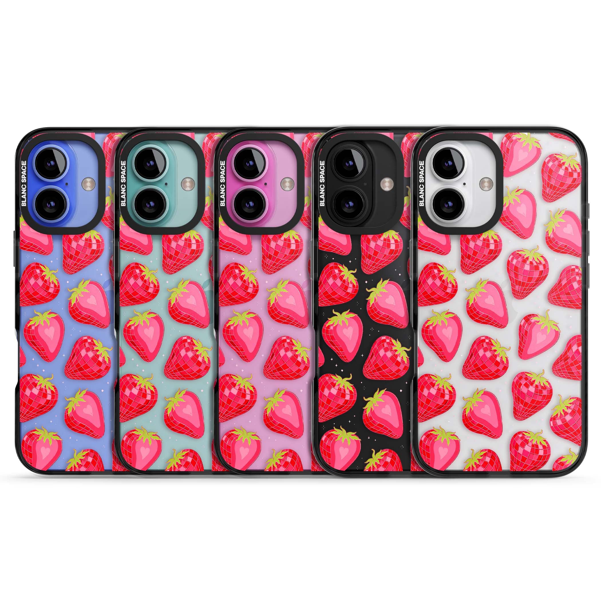 Disco Strawberry Y2K iPhone case featuring pink disco-ball strawberries, green leaves and tiny sparkles | Black Impact case for iPhone 16, iPhone 16 Plus