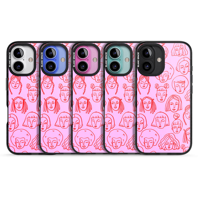 iPhone 16 Pro Max Girl Portrait Doodles in Pink & Red Black Impact Phone Case