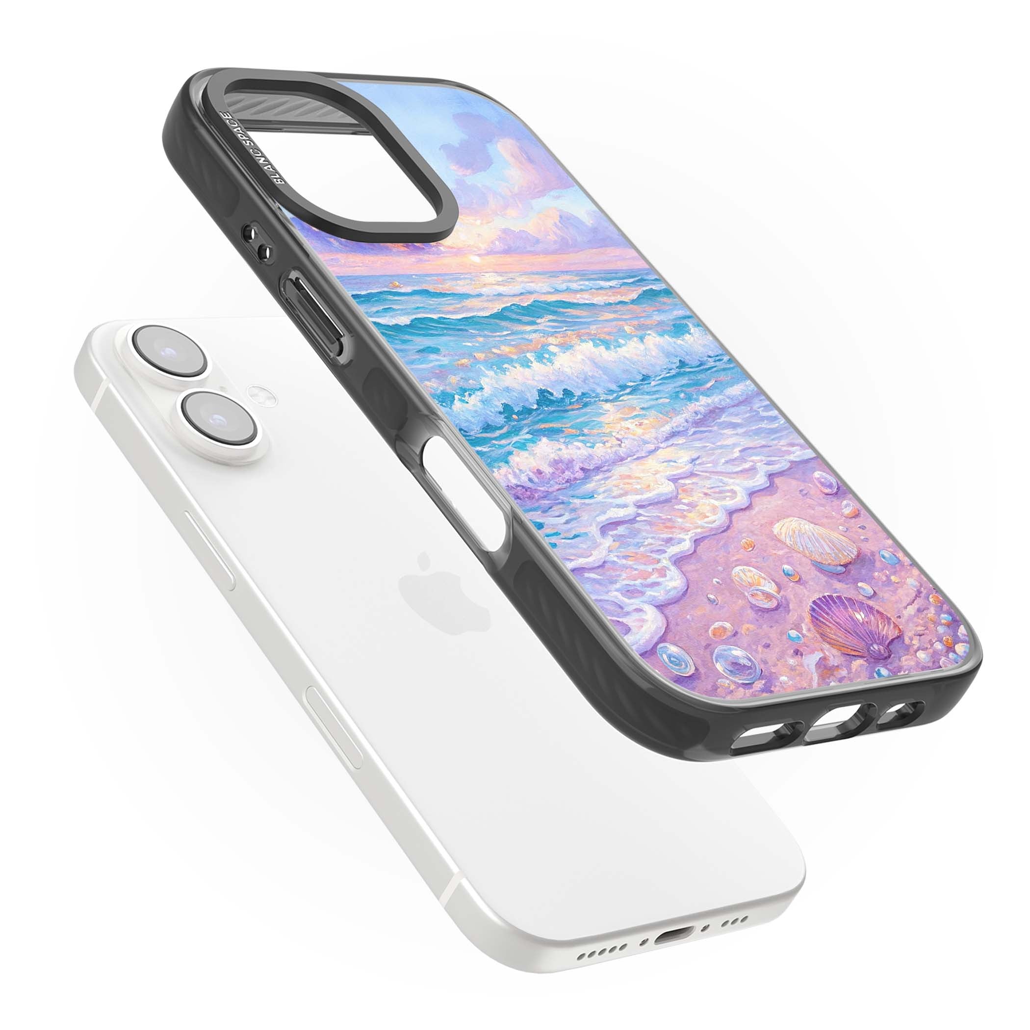 Pearl Shore coastal iPhone case featuring pastel painted waves, seashells, and a sunrise sky over a lavender beach. | Black Impact case for iPhone 16, iPhone 16 Plus