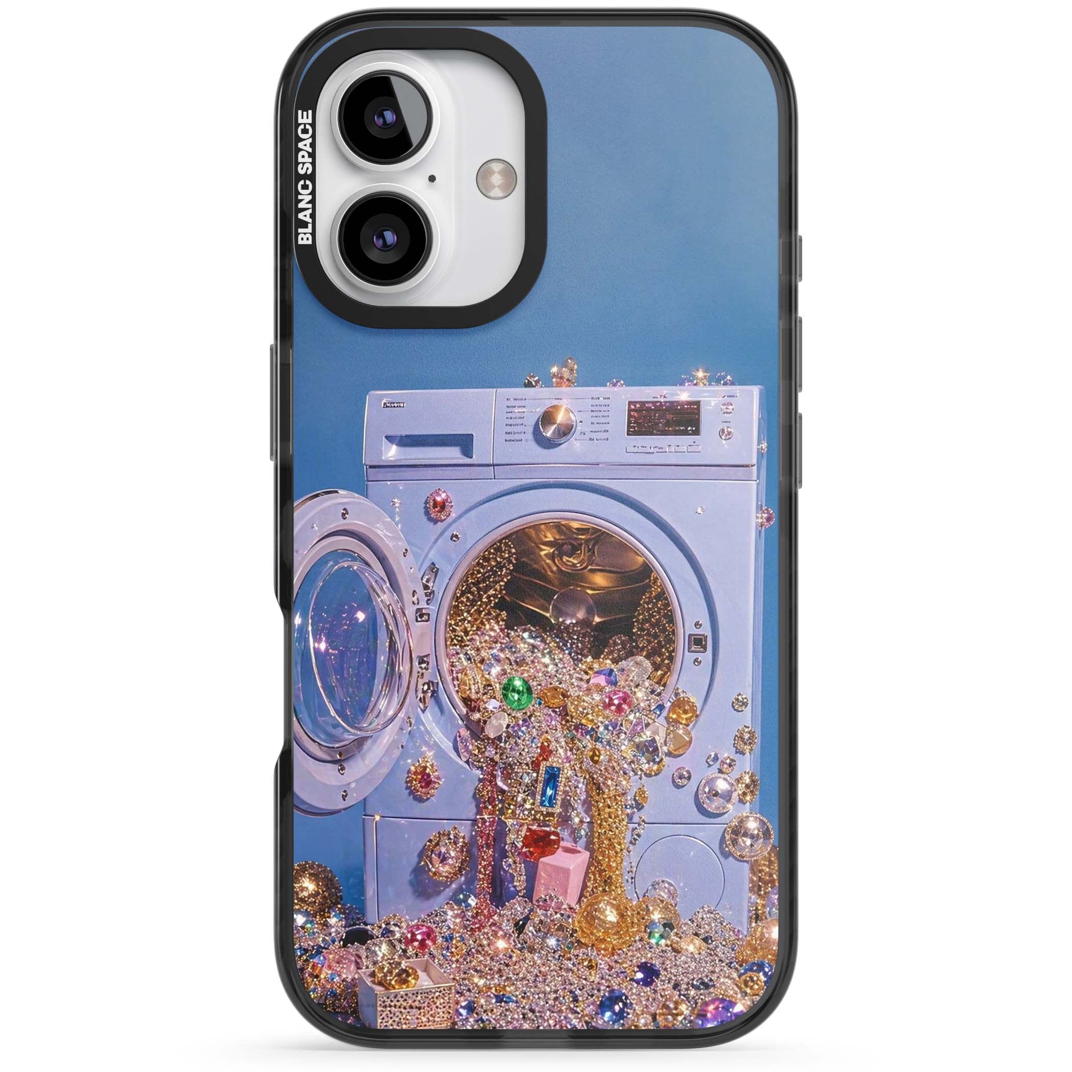 Gem Laundry baddie iPhone case featuring a surreal washing machine overflowing with colourful gemstones and crystals | Black Impact case for iPhone 16, iPhone 16 Plus