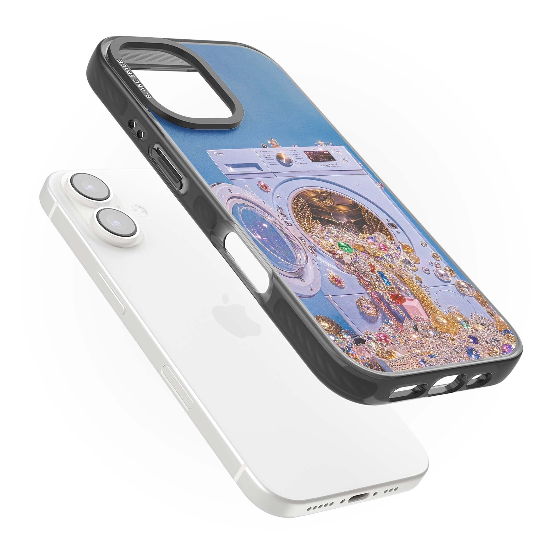 Gem Laundry baddie iPhone case featuring a surreal washing machine overflowing with colourful gemstones and crystals | Black Impact case for iPhone 16, iPhone 16 Plus