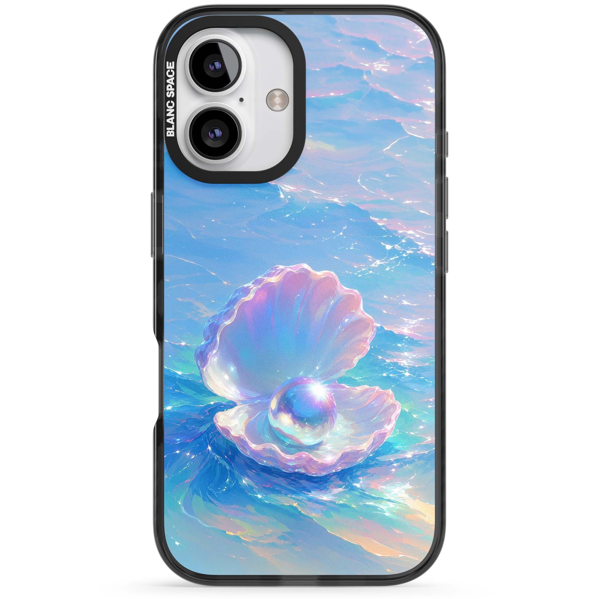 The Pearl Clam mermaidcore iPhone case featuring iridescent seashell, glowing pearl and pastel ocean waves | Black Impact case for iPhone 16, iPhone 16 Plus