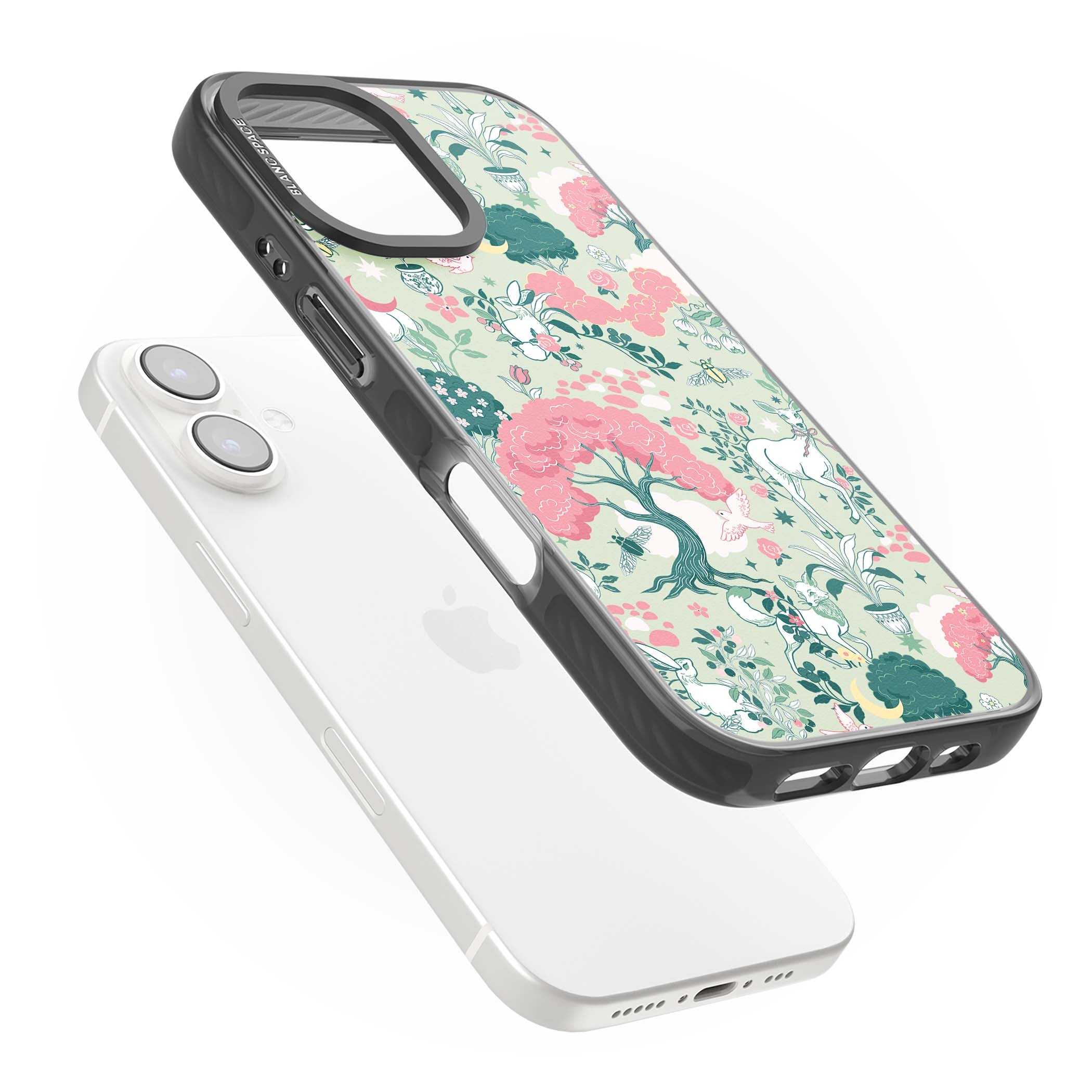 Enchanted Woodland cottagecore iPhone case featuring white deer, pink roses, mushrooms and woodland animals on sage green | Black Impact case for iPhone 16, iPhone 16 Plus