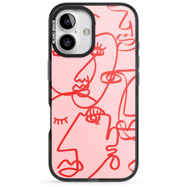 iPhone 16 Pro Max Abstract Continuous Line Faces Red on Pink Black Impact Phone Case