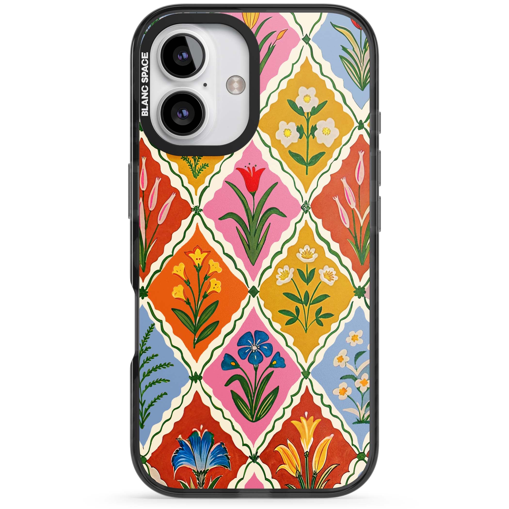 Floral Quilt boho floral iPhone case featuring diamond lattice pattern, hand-painted tulips and folk art wildflowers | Black Impact case for iPhone 16, iPhone 16 Plus