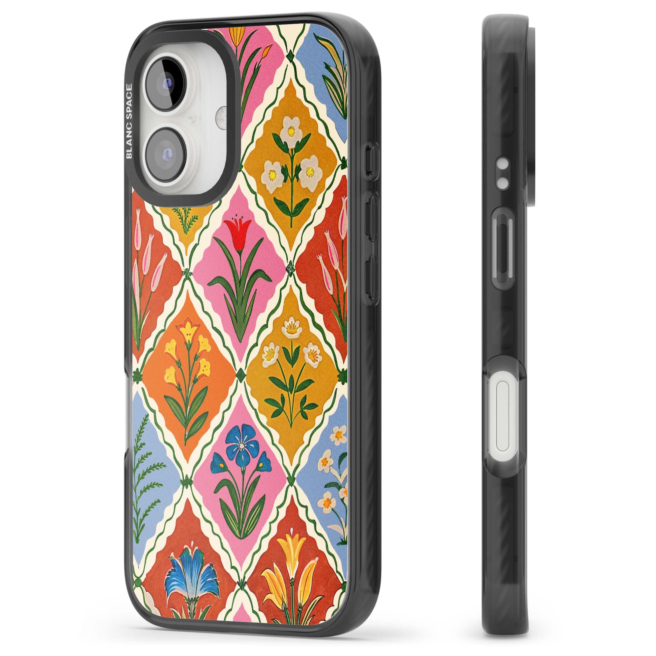 Floral Quilt boho floral iPhone case featuring diamond lattice pattern, hand-painted tulips and folk art wildflowers | Black Impact case for iPhone 16, iPhone 16 Plus