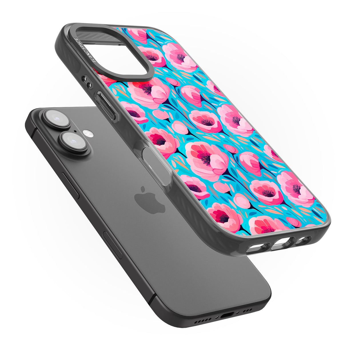 iPhone 16 Pro Max Tropical Pink Poppies Black Impact Phone Case