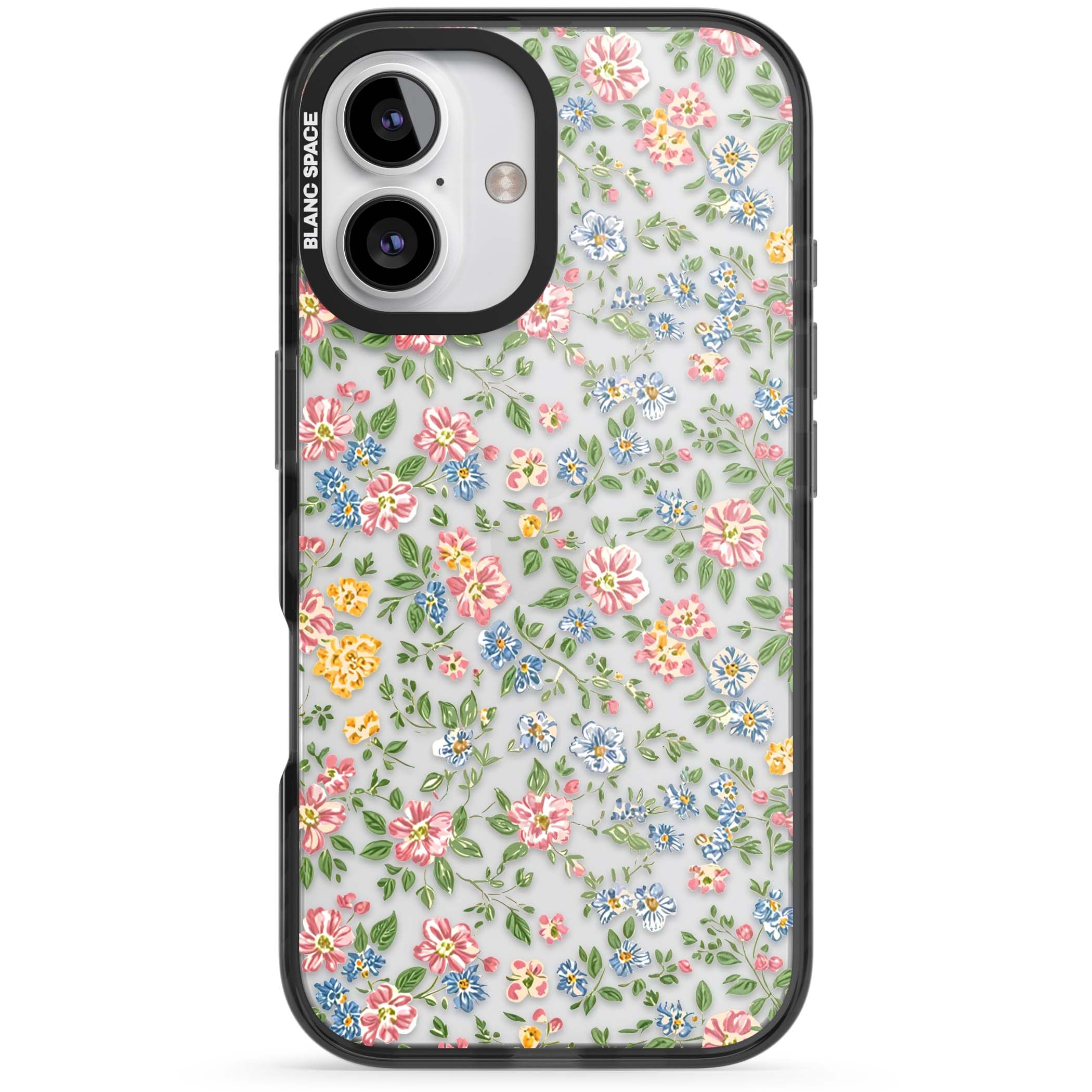 Soft Meadow cottagecore iPhone case featuring pink cosmos, blue forget-me-nots, yellow buttercups and green leaves sca | Black Impact case for iPhone 16, iPhone 16 Plus