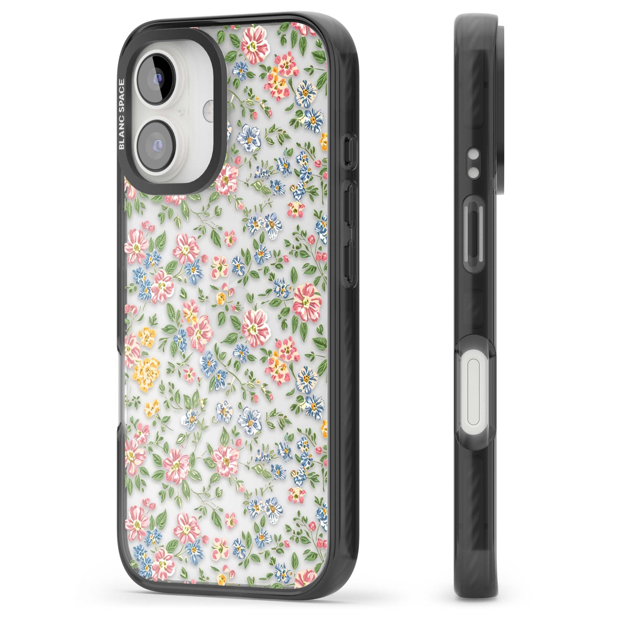 Soft Meadow cottagecore iPhone case featuring pink cosmos, blue forget-me-nots, yellow buttercups and green leaves sca | Black Impact case for iPhone 16, iPhone 16 Plus