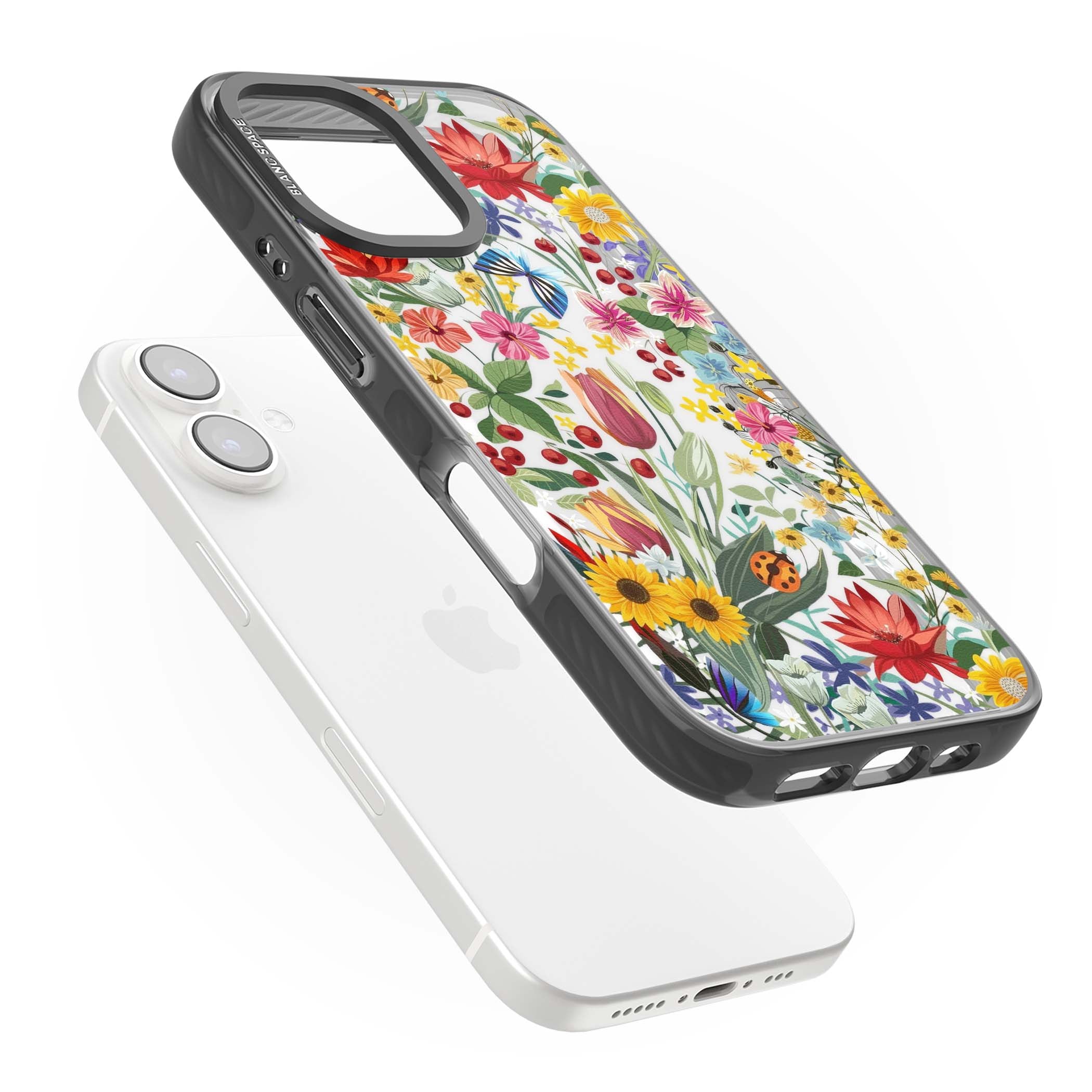 Botanical Bloom cottagecore iPhone case featuring colorful wildflowers, sunflowers, and ladybugs on clear background | Black Impact case for iPhone 16, iPhone 16 Plus