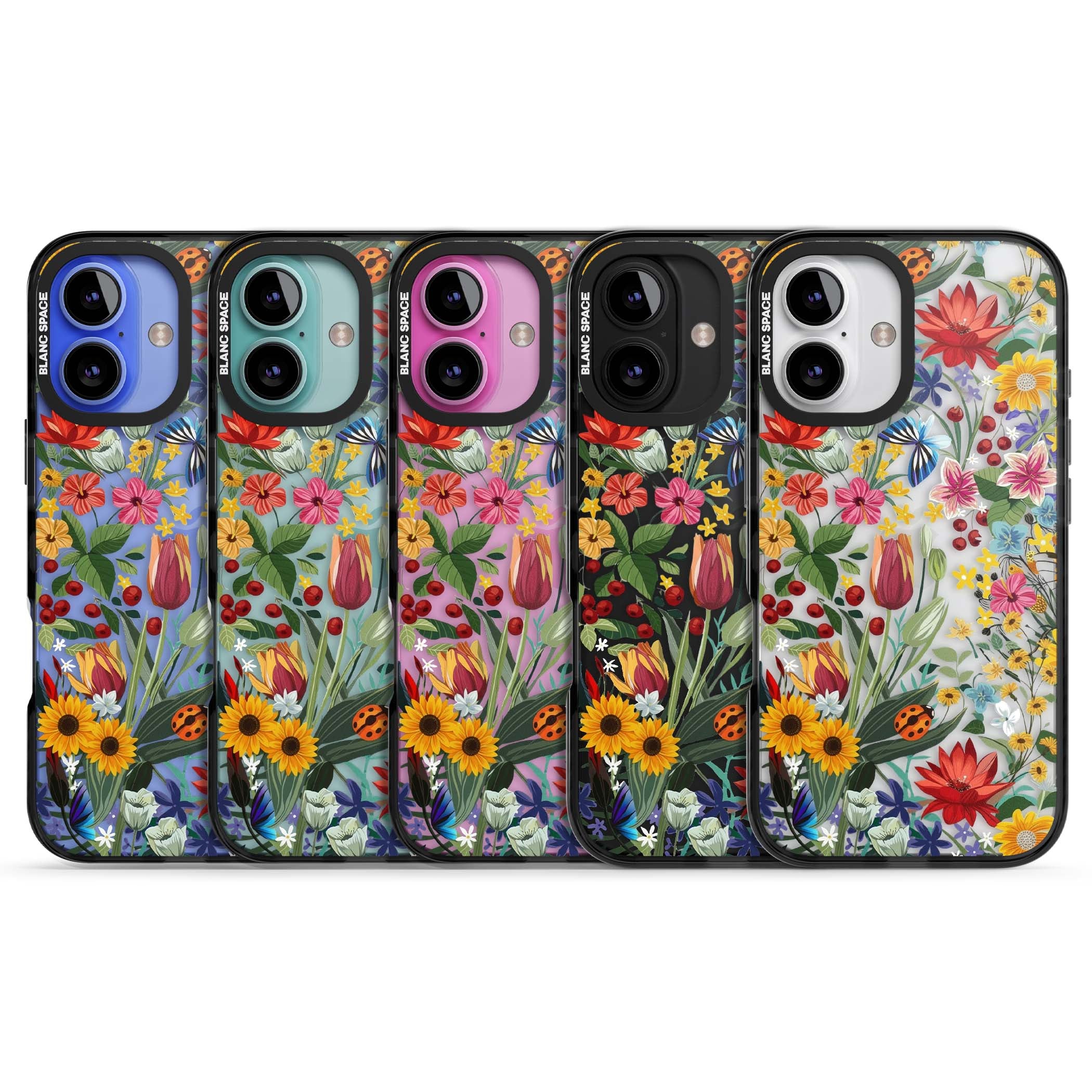 Botanical Bloom cottagecore iPhone case featuring colorful wildflowers, sunflowers, and ladybugs on clear background | Black Impact case for iPhone 16, iPhone 16 Plus
