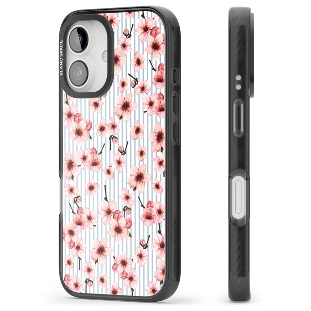 iPhone 16 Pro Max Cherry Blossoms on Blue Stripes Pattern Black Impact Phone Case