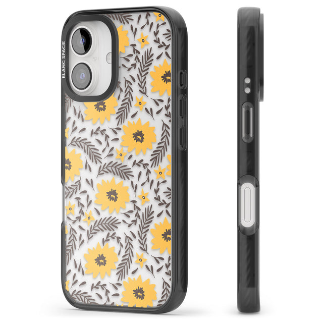 iPhone 16 Pro Max Yellow Blossoms Transparent Floral Black Impact Phone Case