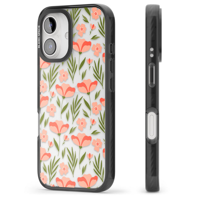 iPhone 16 Pro Max Pink Petals Transparent Floral Black Impact Phone Case