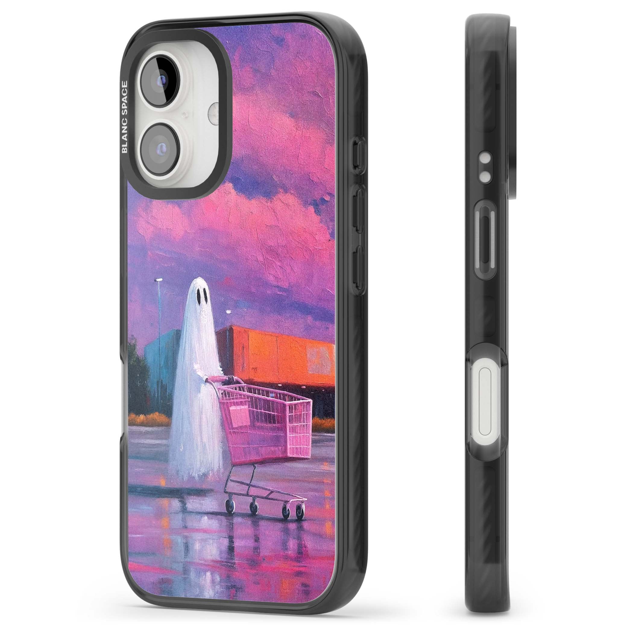 A Ghost's Errand ghost halloween iPhone case featuring a painted ghost, pink shopping trolley and purple sunset sky | Black Impact case for iPhone 16, iPhone 16 Plus