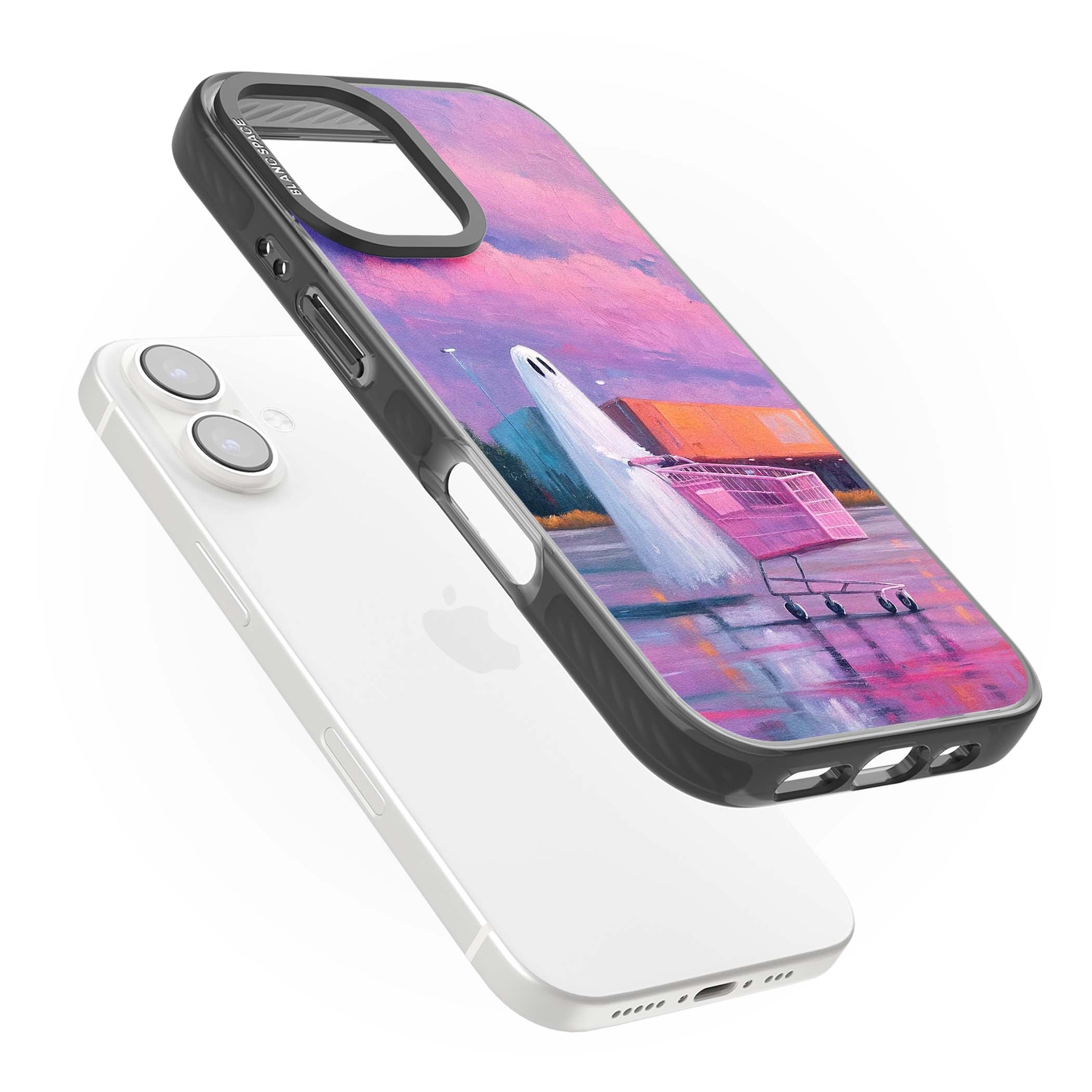 A Ghost's Errand ghost halloween iPhone case featuring a painted ghost, pink shopping trolley and purple sunset sky | Black Impact case for iPhone 16, iPhone 16 Plus