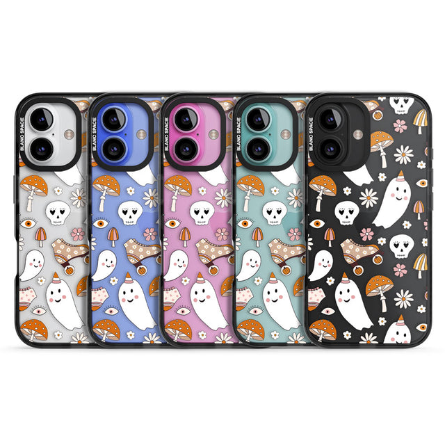 Cute Ghost and Skulls Pattern Black Impact Phone Case for iPhone 16, iPhone 16 Plus