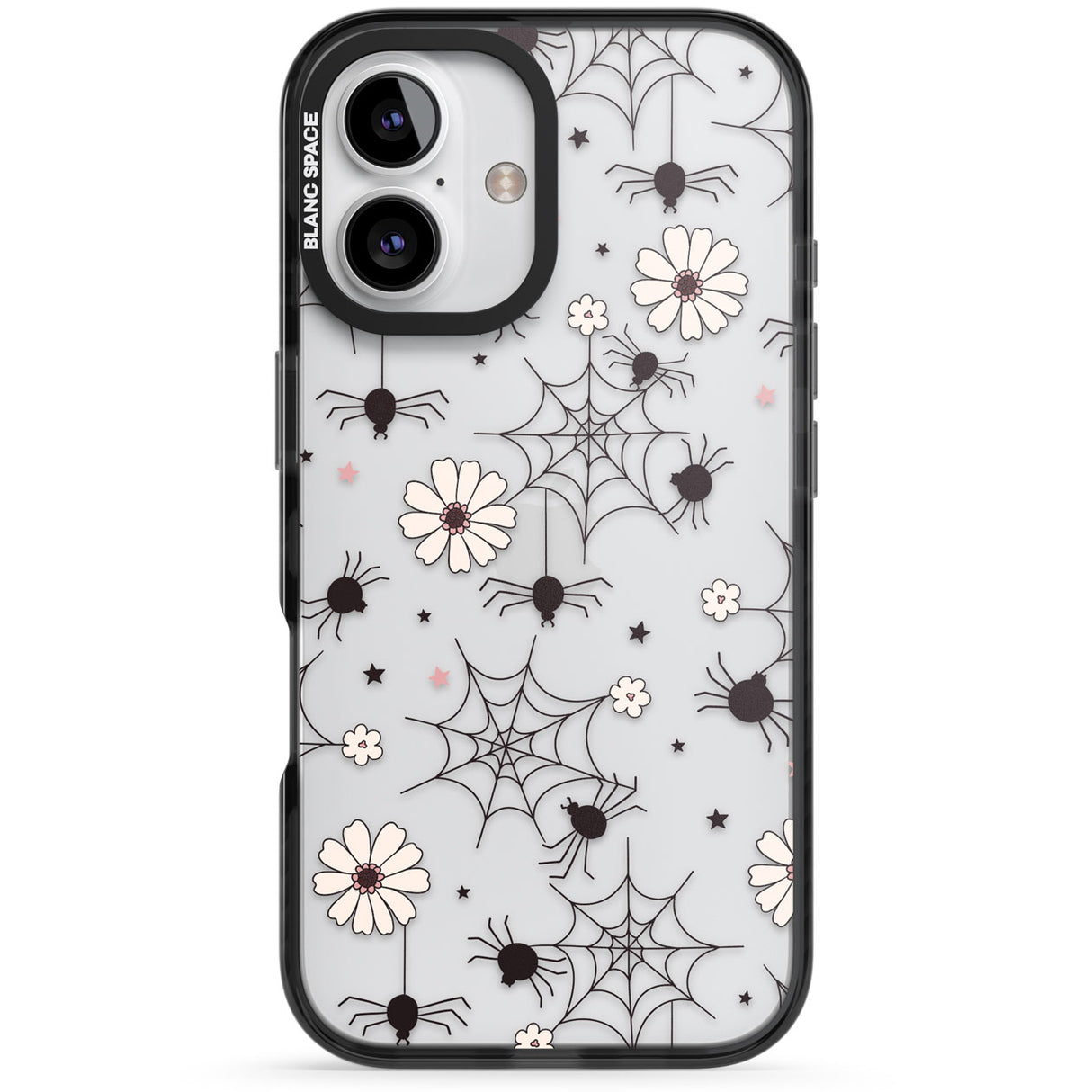 Spiders and Flowers Pattern Black Impact Phone Case for iPhone 16, iPhone 16 Plus