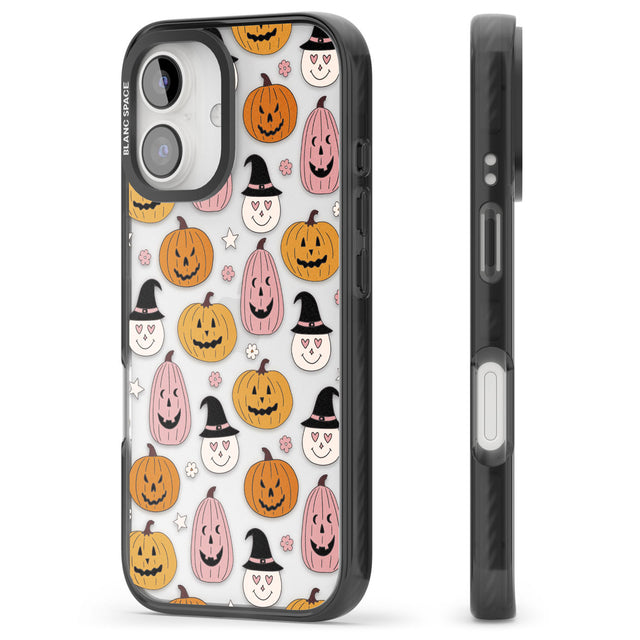 Witches and Pumpkins Pattern Black Impact Phone Case for iPhone 16, iPhone 16 Plus