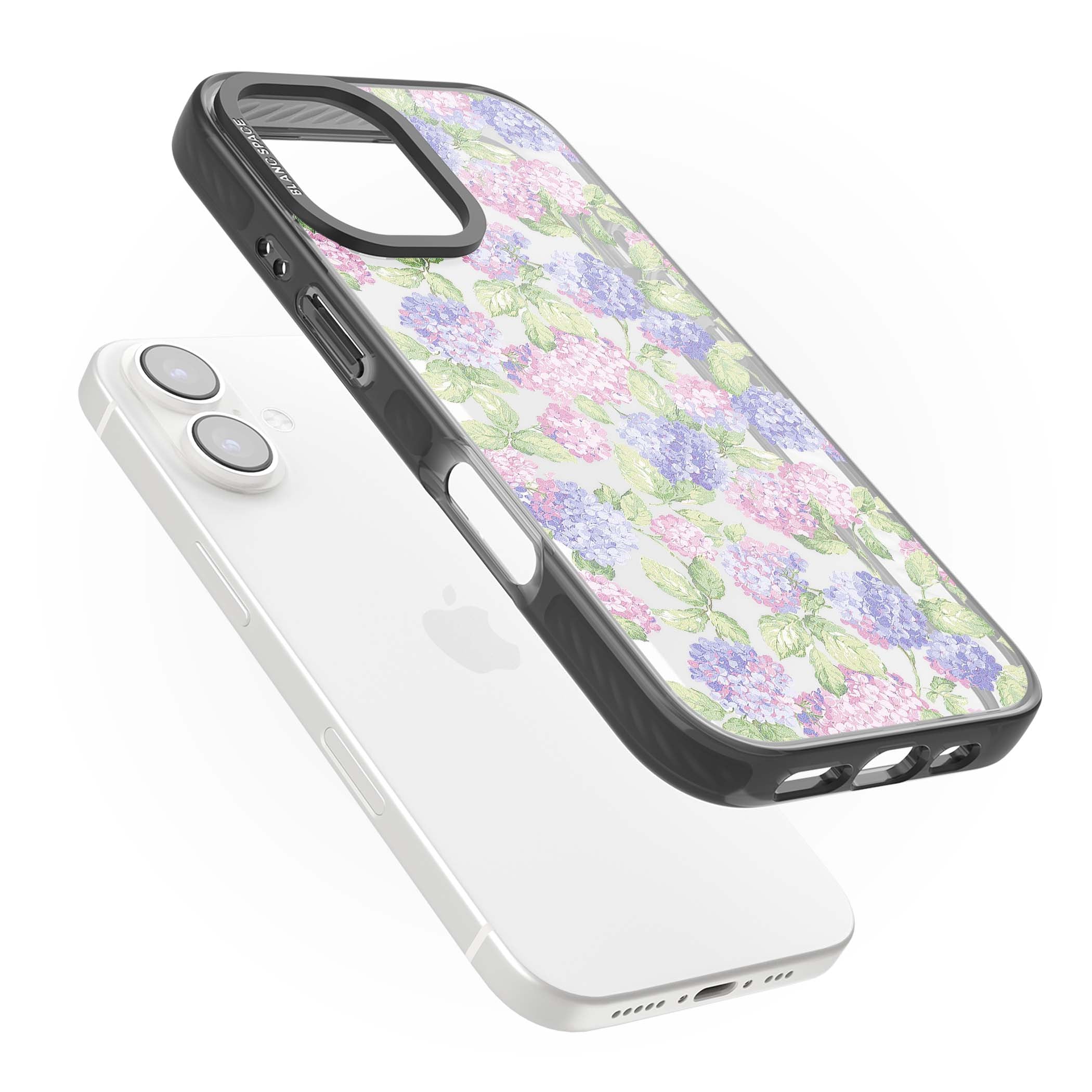 Cottage Hydrangea cottagecore iPhone case featuring pink and purple hydrangea blooms with green leaves on a clear background | Black Impact case for iPhone 16, iPhone 16 Plus
