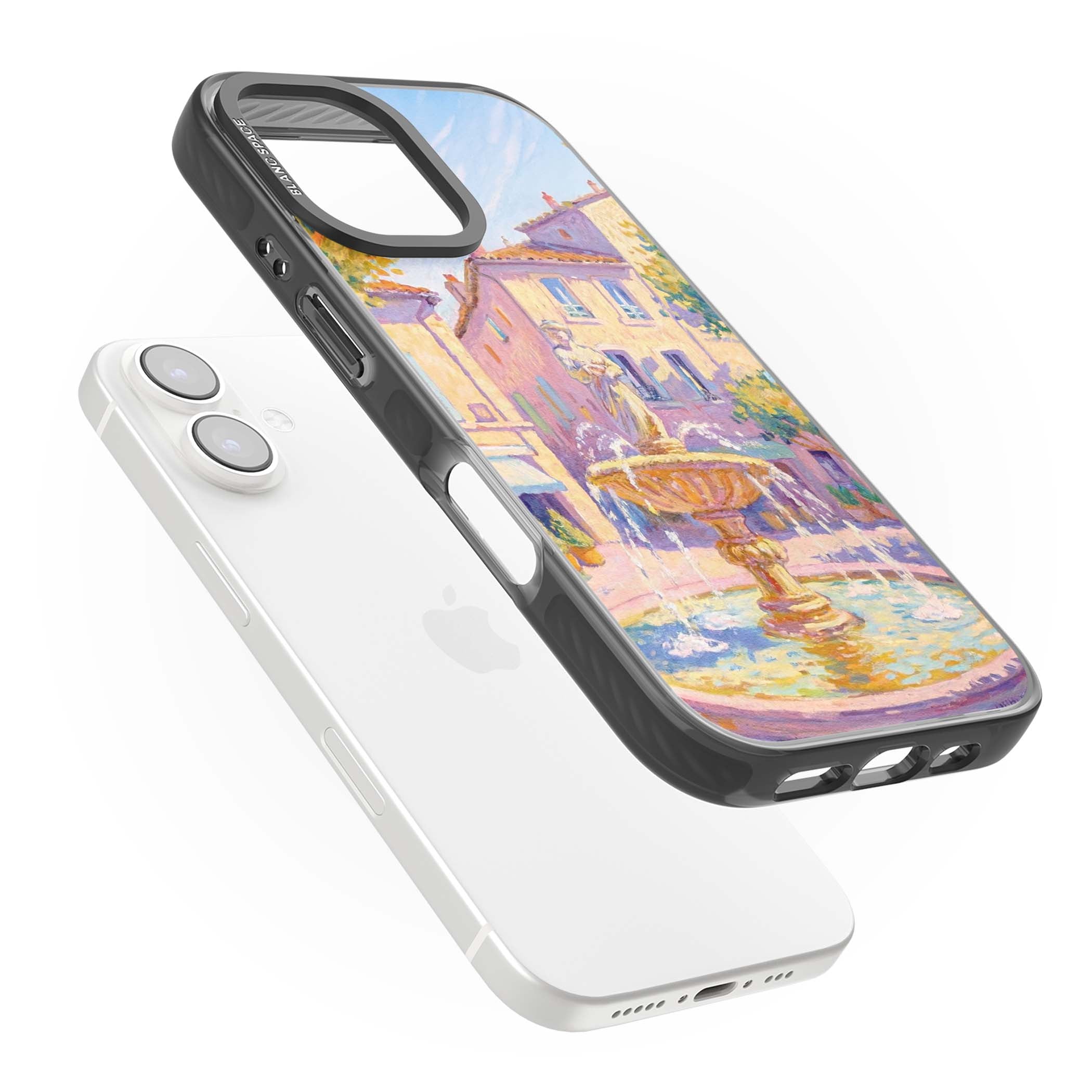 Fountain Square fine art iPhone case featuring an impressionist Provençal fountain, pastel village buildings and summe | Black Impact case for iPhone 16, iPhone 16 Plus