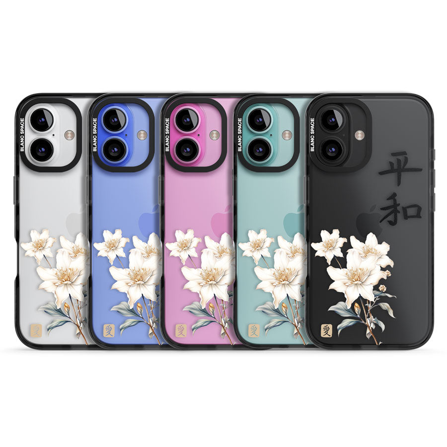 Peace and Flowers Black Impact Phone Case for iPhone 16, iPhone 16 Plus